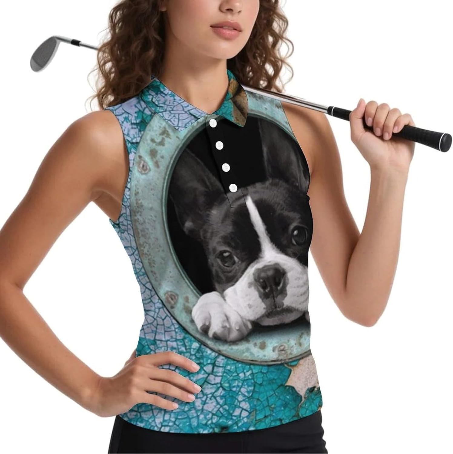 Cute Boston Terrier Women's Golf Shirt Sleeveless Polo Shirts Tank Tops Blouses Tennis T-Shirts Casual