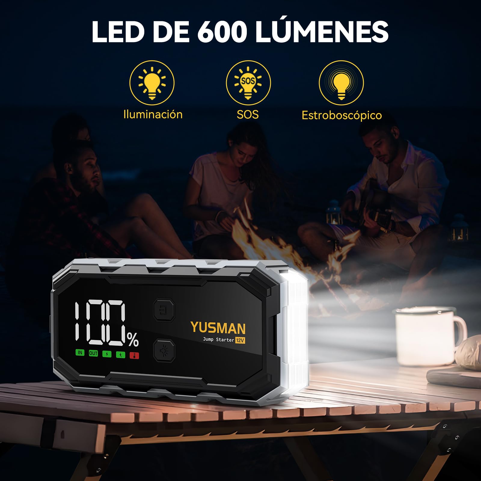 YUSMAN Arrancador de Coche, 9000A Arrancador de Baterias de Coche,12V Arrancador de Portátil con para All Gasolina o 10L Diesel, Linterna LED de Emergencia,Carga Rápida, Pantalla LCD Extragrande
