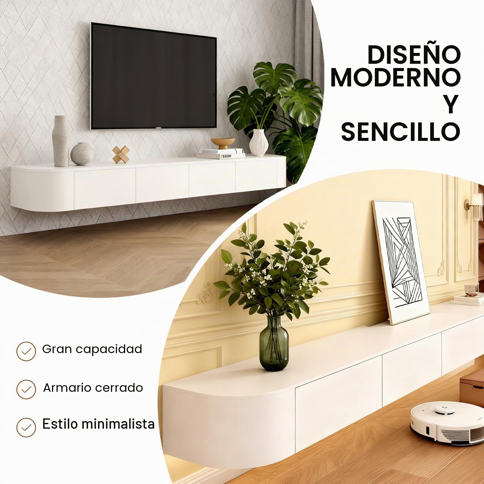 Mueble De TV, Unidad De TV Flotante, Mueble Bajo para TV De Pie O Colgante, Estantes Flotantes con Cajón, Consola Central De Entretenimiento Moderno(Blanco,140x24x20cm)