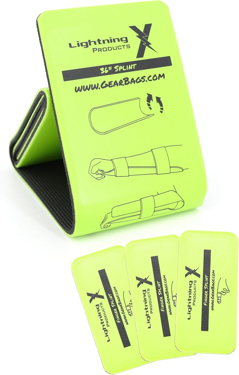 Lightning X Universal Padded Aluminum Medical Splint Kit - 36" Roll Splint + 3 Finger Splints - Flourescent Yellow
