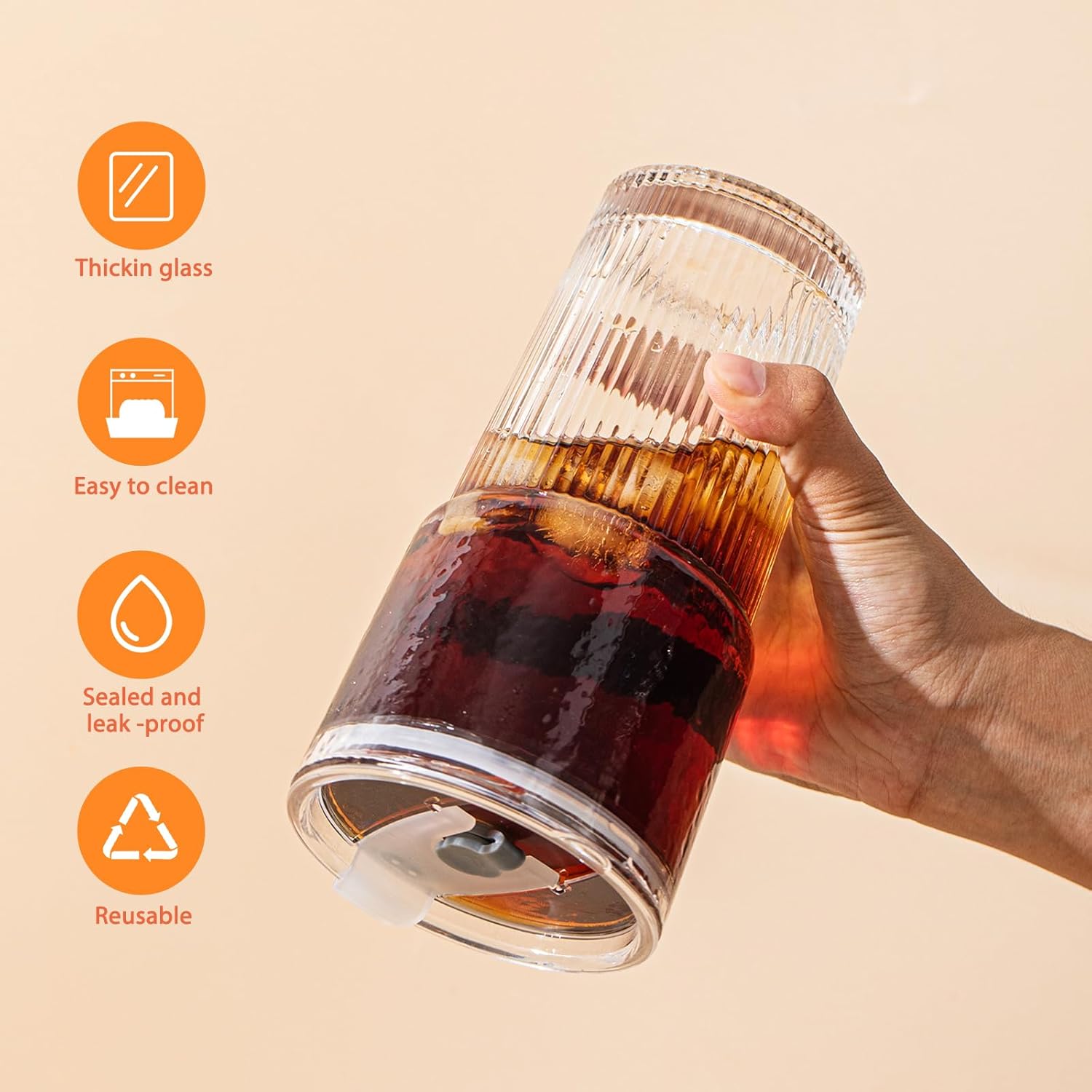 20oz Glass Tumblers with Lids and Straws, Set of 2 - Stylish Ribbed Design Drinking Glasses for Iced Coffee Cups, Juice, Smoothies, Cold Beverages, Includes Cleaning Brush, Durable Glassware - Image 4