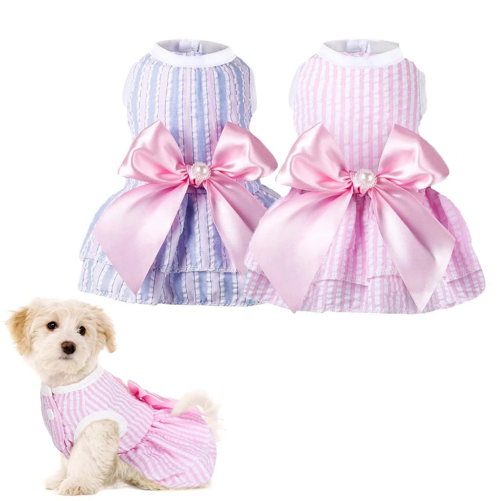 Ling & Bai 2Pcs Cute Dog Dresses Cats Princess Dress Dogs Summer Outfits with Bowknot Apparel Pet Clothes for Puppy Kitten (Pink & Purple