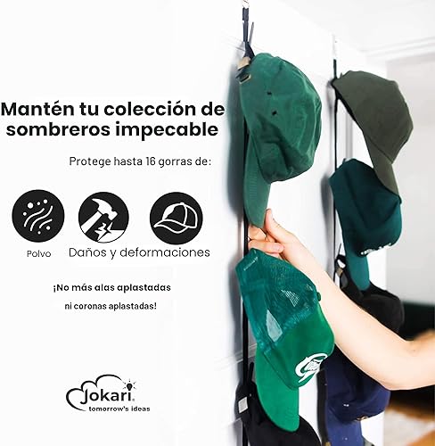 Miniatura 2 de Jokari Organizador de gorras para colocar sobre la puerta, paquete de 2 unidades con capacidad para hasta 16 sombreros de béisbol, sistema