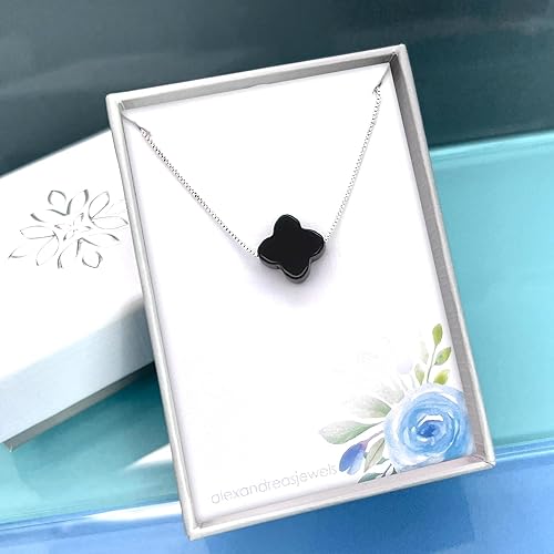 Miniatura 5 de Black Onyx Clover Necklace for Women, Black Onyx Clover Bead on Sterling Silver Necklace Chain, Good Luck Charm Layering Choker Necklace