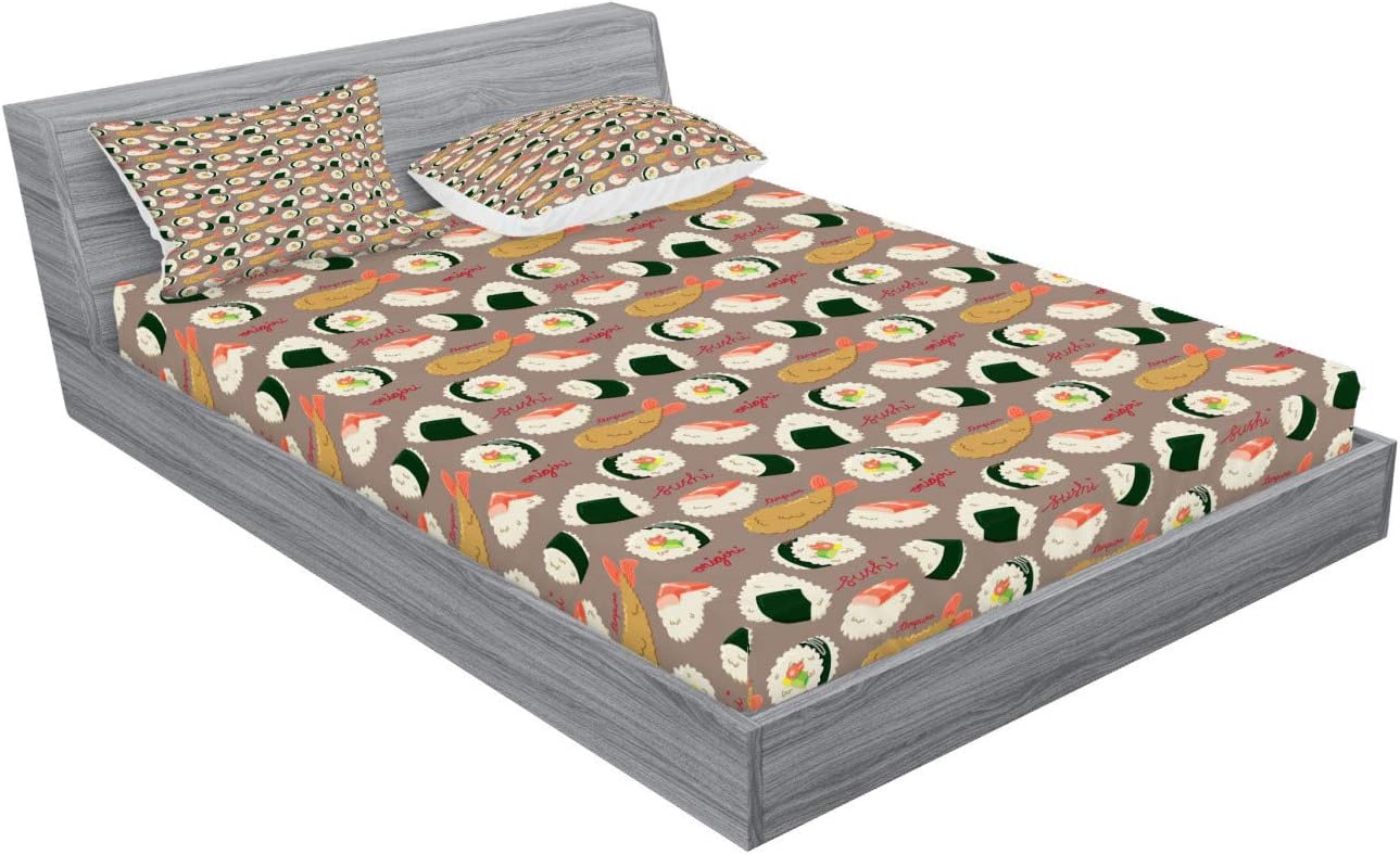 Ambesonne Sushi Fitted Sheet & Pillow Sham Set, Tasty Dishes Onigiri and Tempura Cartoon Artwork Repeating Rolls, Decorative Printed 3 Piece Bedding Decor Set, Queen, Multicolor