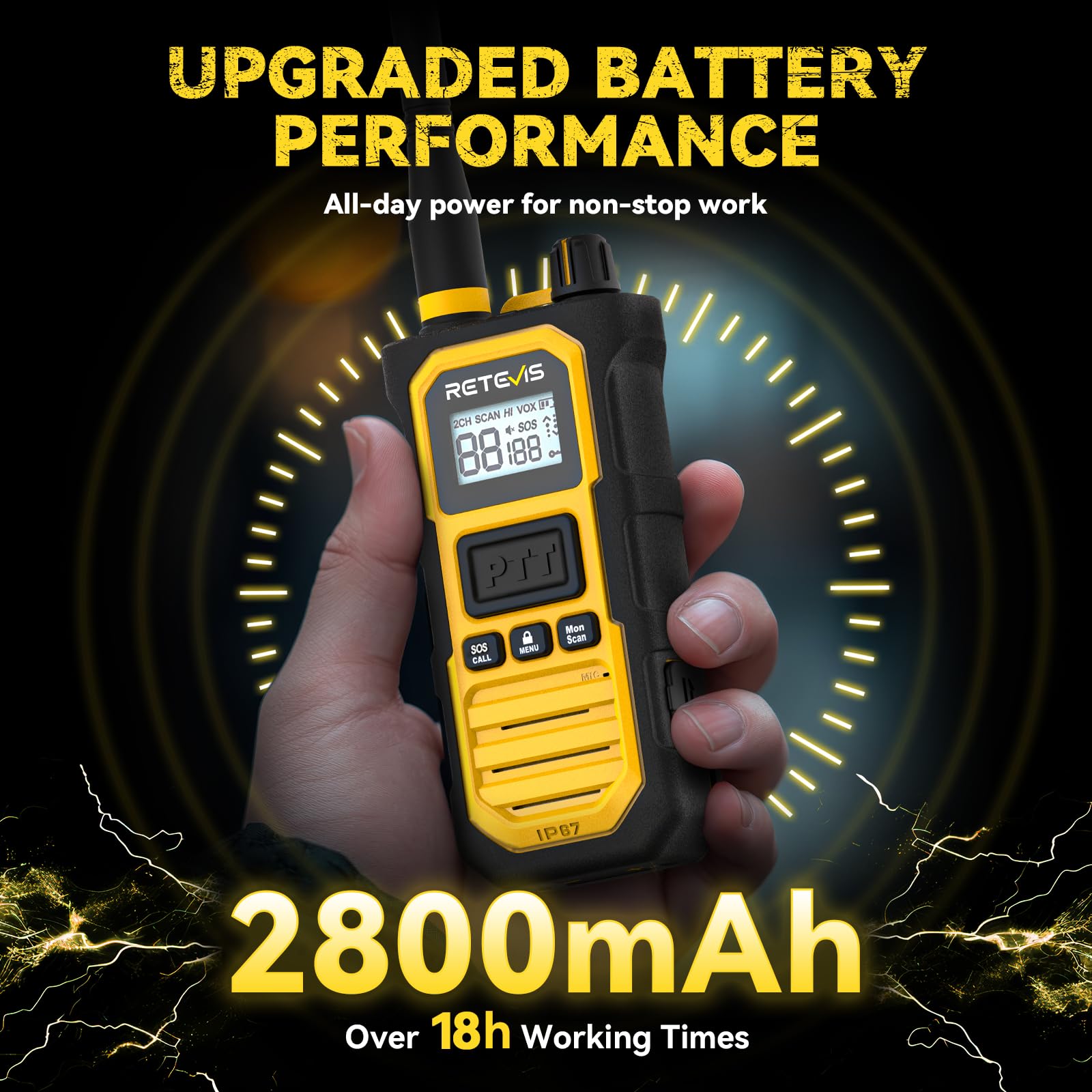 Retevis RB648 Pro Robustes Walkie Talkies, IP67 Wasserdicht, Hohe Leistung 2800 mAh, Gruppenruf, VOX, Intelligentes Audio, Handfunkgeräte mit großer reichweite für Baustellen (4 Stück, Gelb)