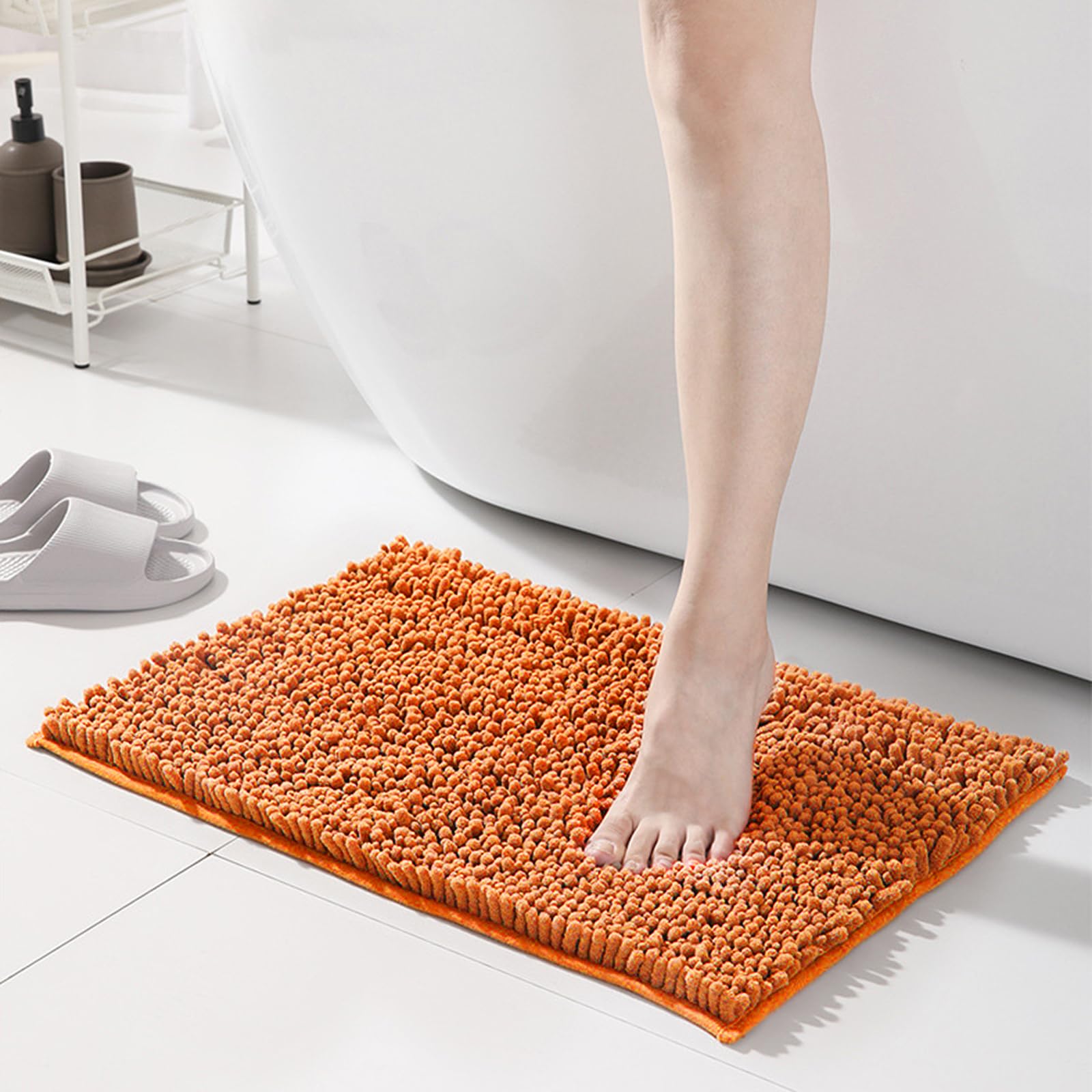 RUN HELIX Non Slip Chenille Bath Mat, Versatile Soft Bathroom Mat & Shower Mat, Machine Washable Absorbent Bath Mats for Bathroom, Living Room, Kitchen, Bedroom & Indoor Scenes, 40x60cm, Orange