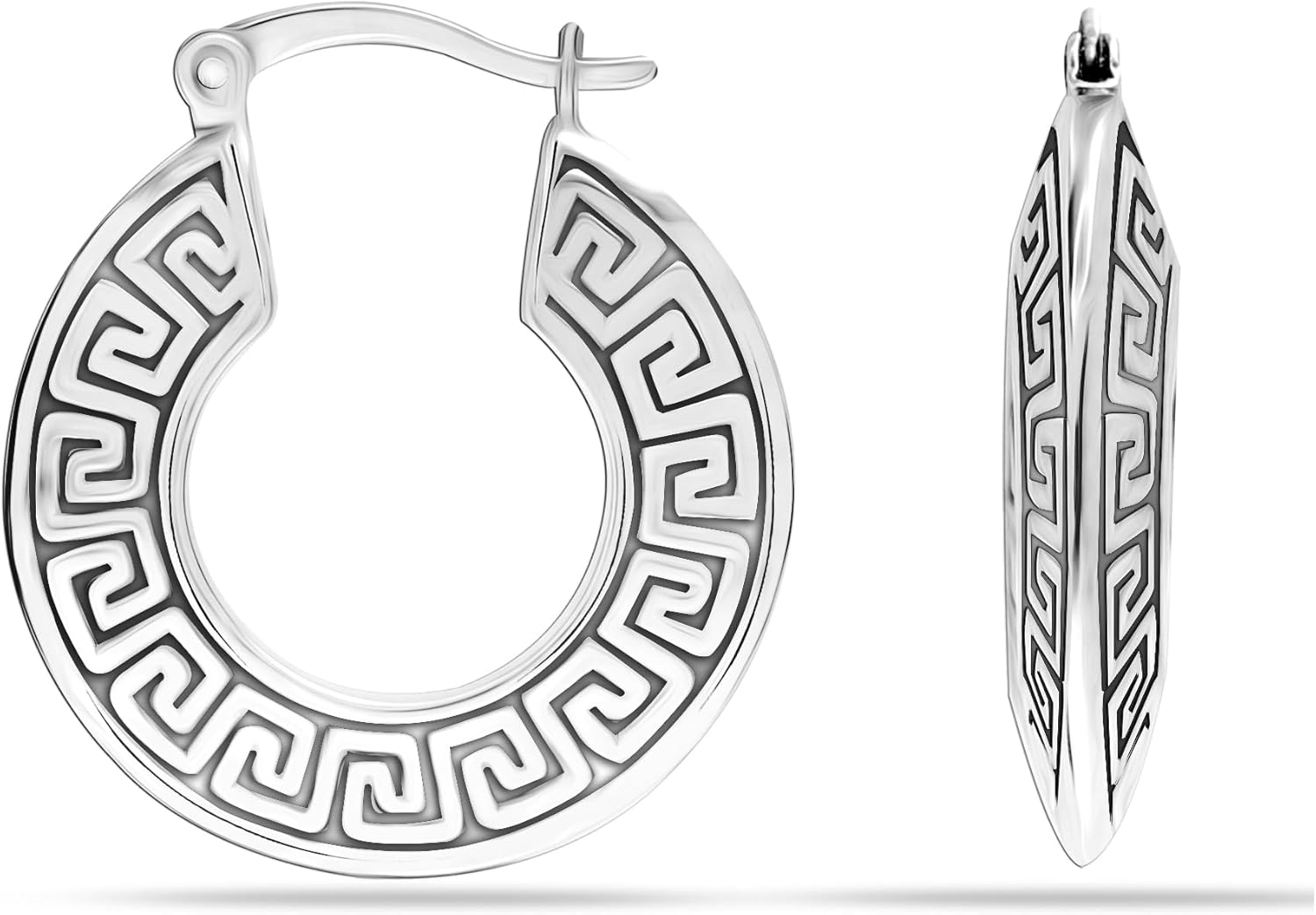 LeCalla 925 Sterling Silver Greek Key Hoop Earrings Lightweight Click-Top Greek Wall Cut-Out Pattern Earring Hoops for Women