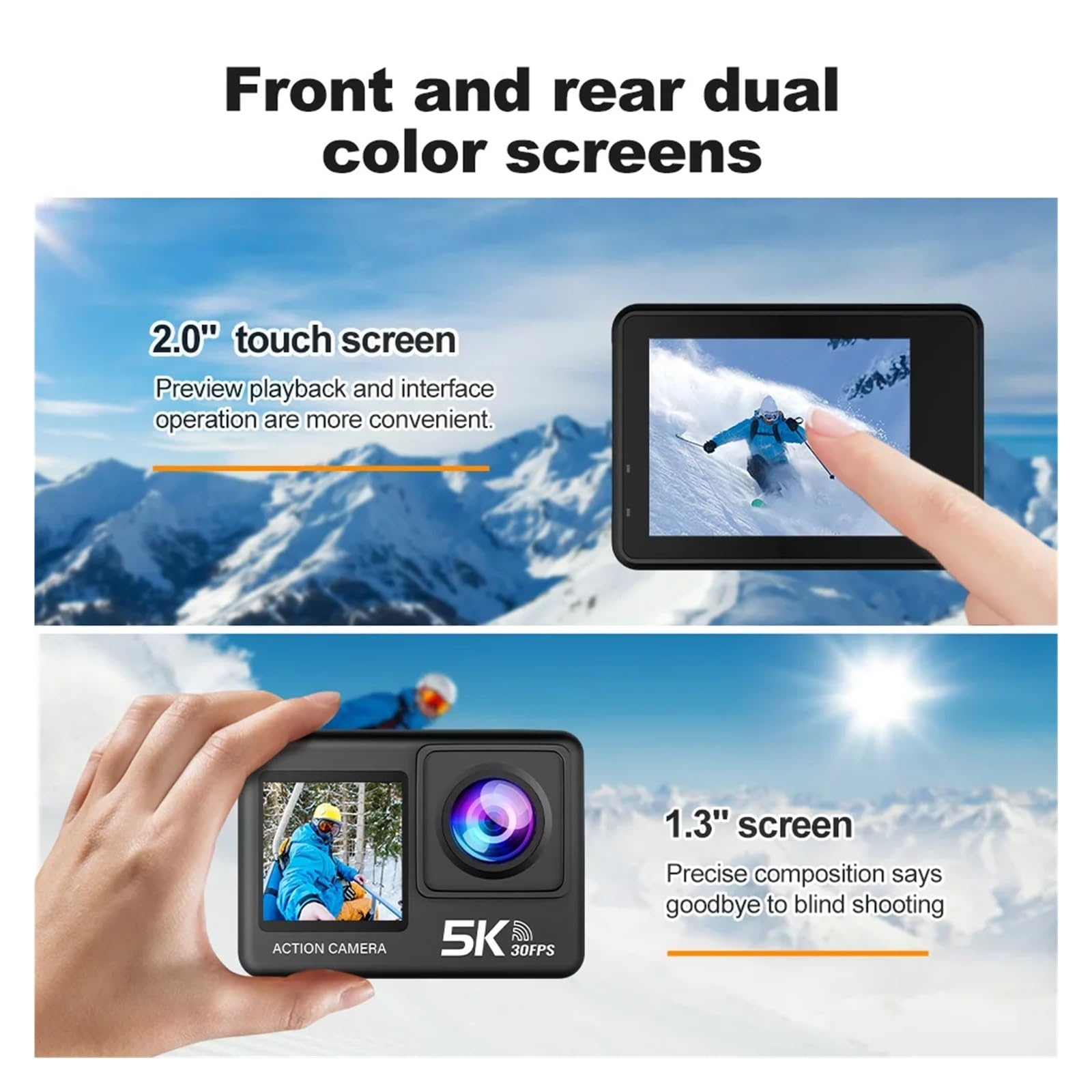 Action Camera 5K 4K 60FPS EIS WiFi Doppio Schermo 170D Touch Screen Da 2,0 Pollici 30M Fotocamera Sportiva Impermeabile Con Telecomando(64GB Card)