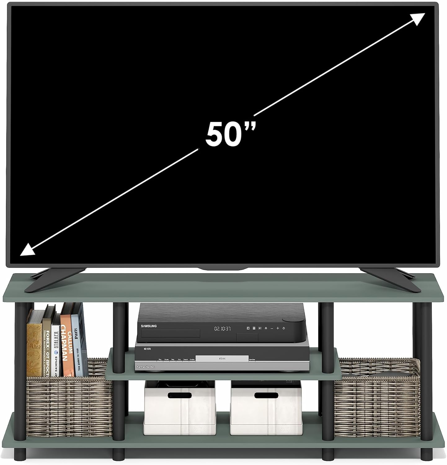 Furinno Turn-N-Tube TV Stand, 3-Tier Open Frame Rectangular Entertainment Center with Storage Shelf, TV Console for TV up to 50 Inch, Toolless Assembly, for Living Room, Bedroom, Sage Green
