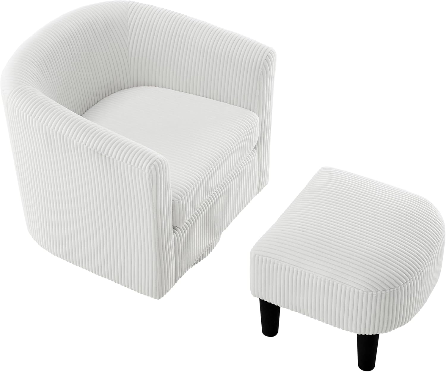 Corduroy Swivel Accent Chair with Ottoman, Round Barrel Chair with Armrest, Comfy Reading Chair for Living Room Bedroom Office (White)