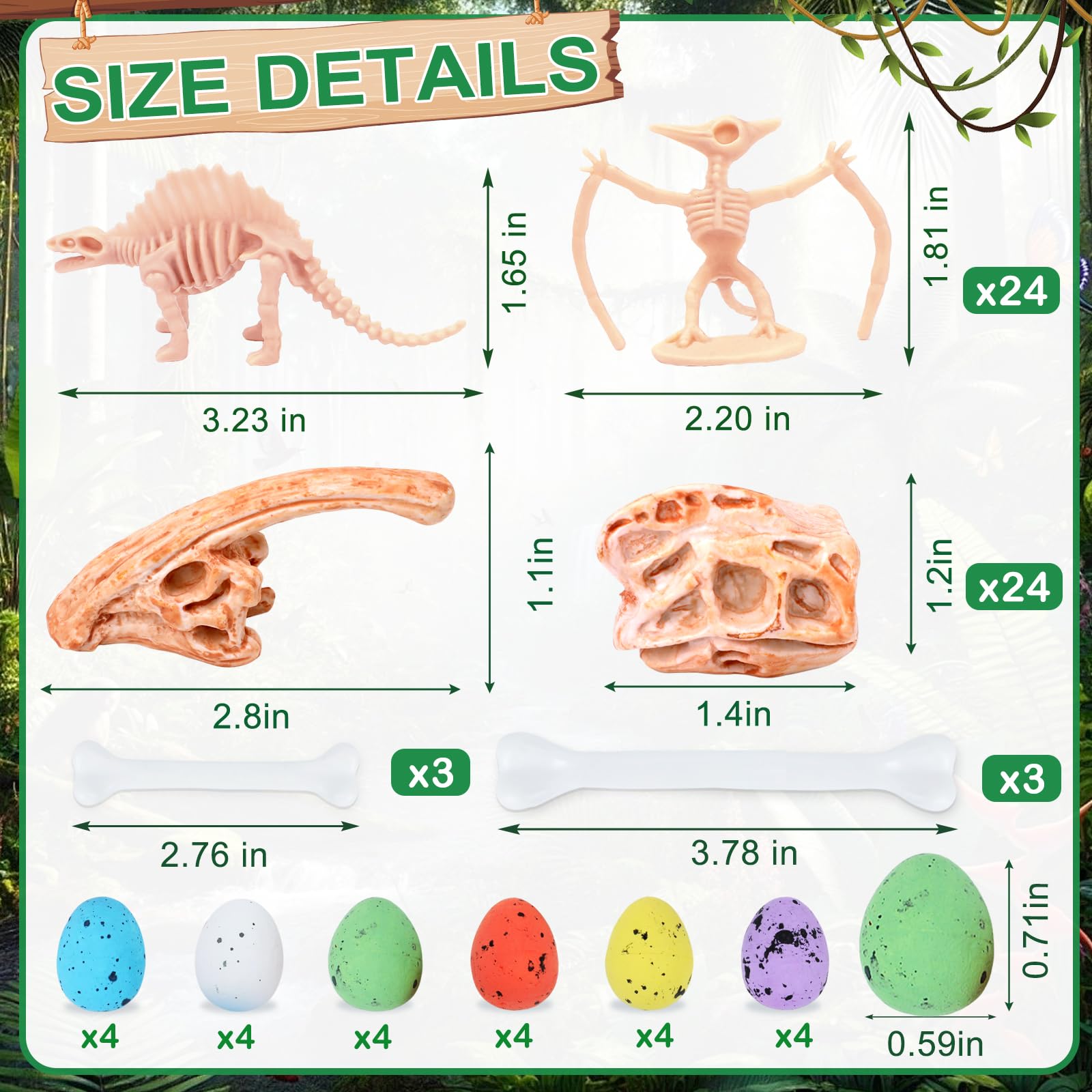 66 pezzi di osso di dinosauro da 9,4 cm per sandbox, 24 scheletro fossile, 12 teschio di plastica, 24 mini uova di dinosauro, 6 ossa, scavo di sabbia per cestino sensoriale, festa di compleanno