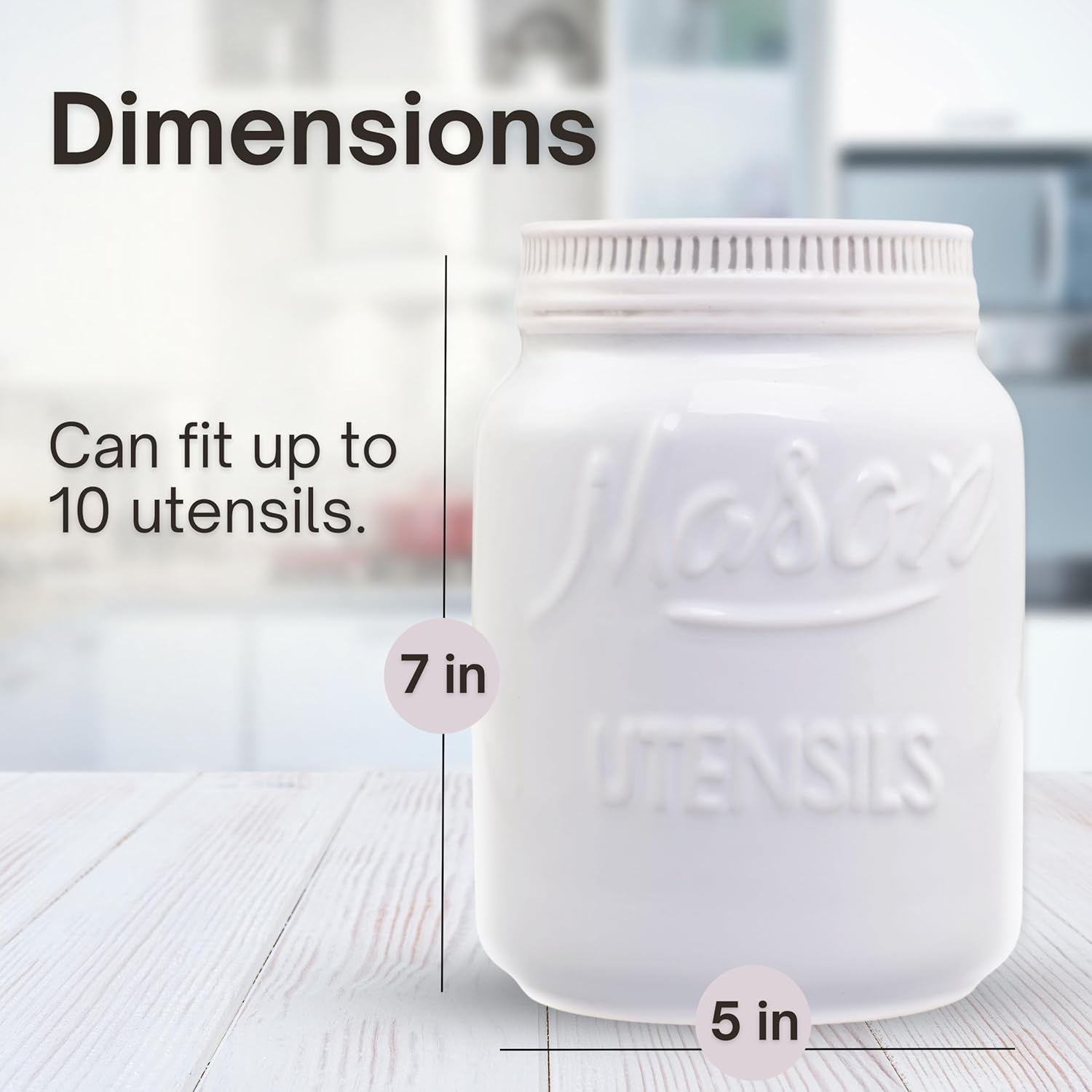 White Mason Jar Kitchen Utensil Holder for Kitchen Counter - Rustic Ceramic Utensil Crock for Spoons, Spatulas & Cooking Tools - Farmhouse Decor for Countertop - Unique Vintage Container and Organizer