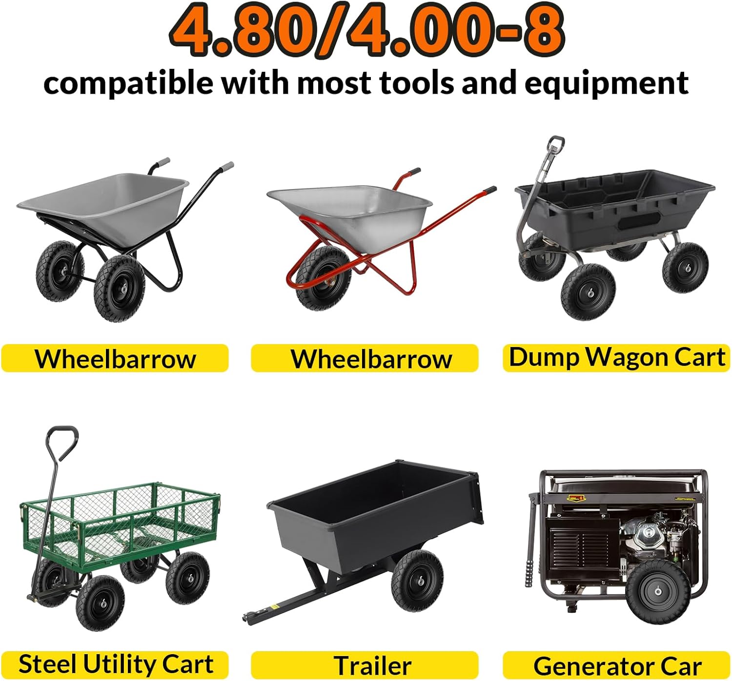 4.80/4.00-8 Flat Free Wheelbarrow Tire and Wheel, 16" Solid Puncture Proof Replacement Tires with 5/8" & 3/4" Bearings, 400Lbs Load, Universal Fit for Garden, Farm & Construction, 1Pack Black - Image 8