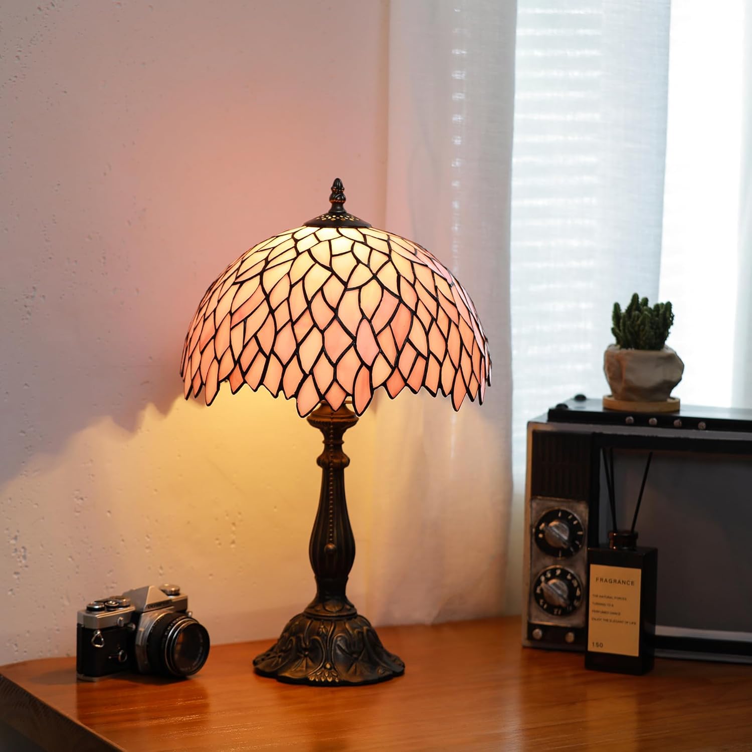 Tiffany Lamps Pink Leaves Style Stained Glass Table Lamp Desk Bedside Reading Light 12X12X18.5 Inches with Bronze Resin Base Applicable to Bedroom Living Room Office