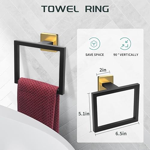 Miniatura 4 de Dorudon Atrox Juego de 7 piezas de baño  Juego de accesorios negros y dorados  Toallero cuadrado de 2 x 23 pulgadas, toallero de mano, soporte para