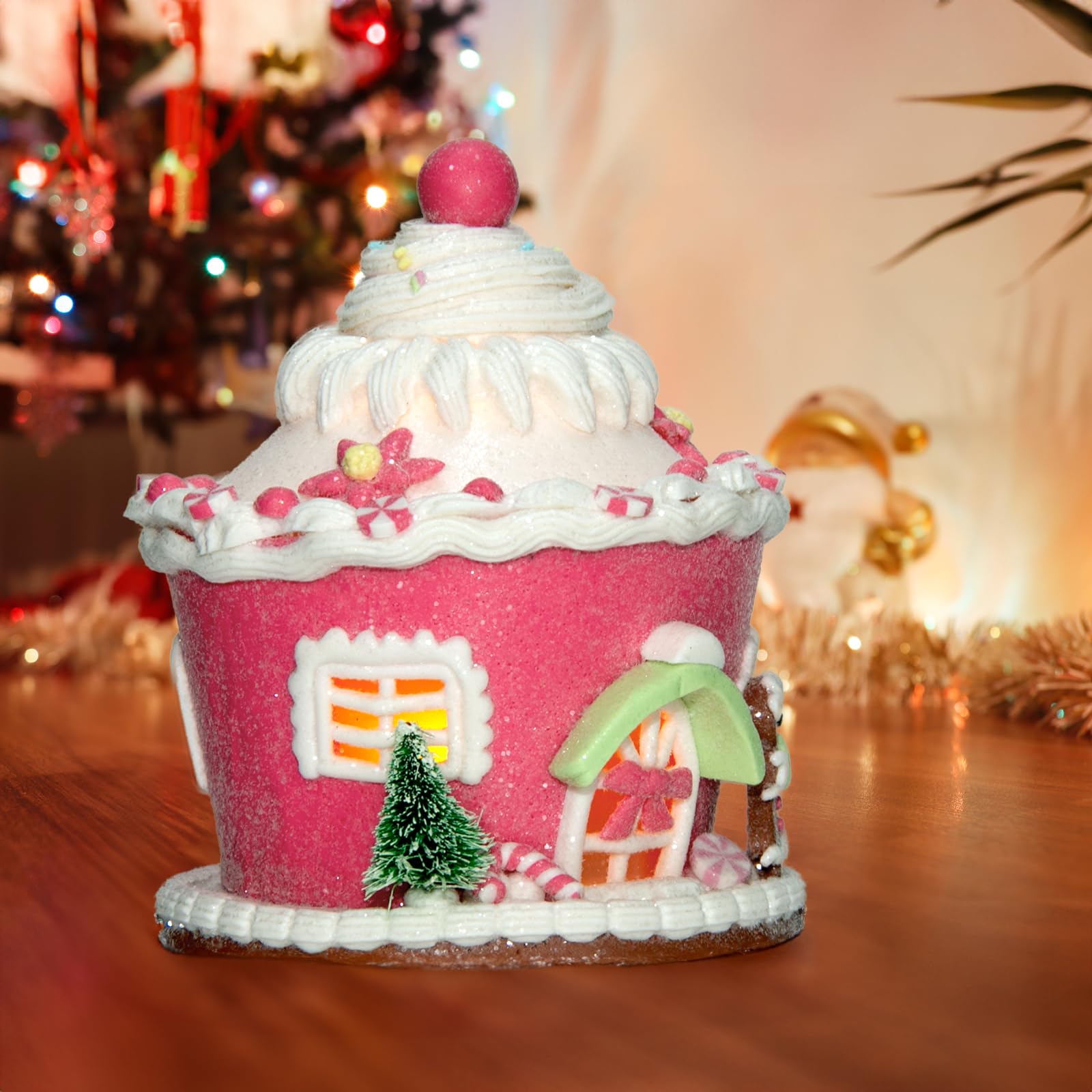 Etnorsu Lighted Pink Christmas Gingerbread Ornaments, Candy House Decor with LED Light, Bling Candy Ornaments for Indoor Room Decor