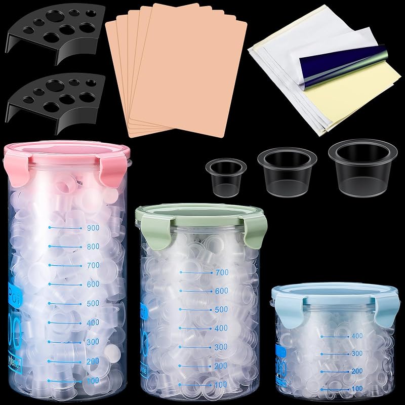 Kit Jingmore para Prática de Tatuagem com 1.015 Peças, 1.000 Cápsulas para Tinta, 3 Caixas, 2 Suportes, 5 Peles de Prática de Silicone e 5 Papéis de Transferência