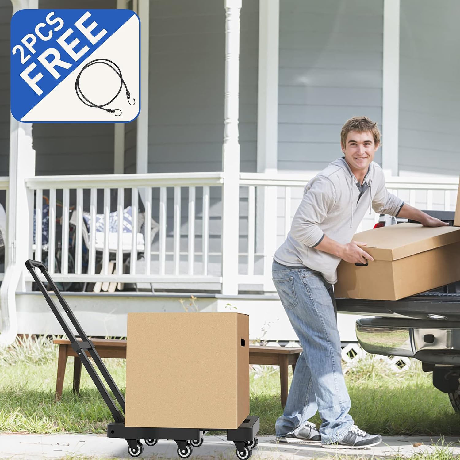 SPACEKEEPER Folding Hand Truck, 500 LB Heavy Duty Luggage Cart, Utility Dolly Platform Cart with 6 Wheels & 2 Elastic Ropes for Luggage, Travel, Moving, Shopping, Office Use, Black : Industrial & Scientific