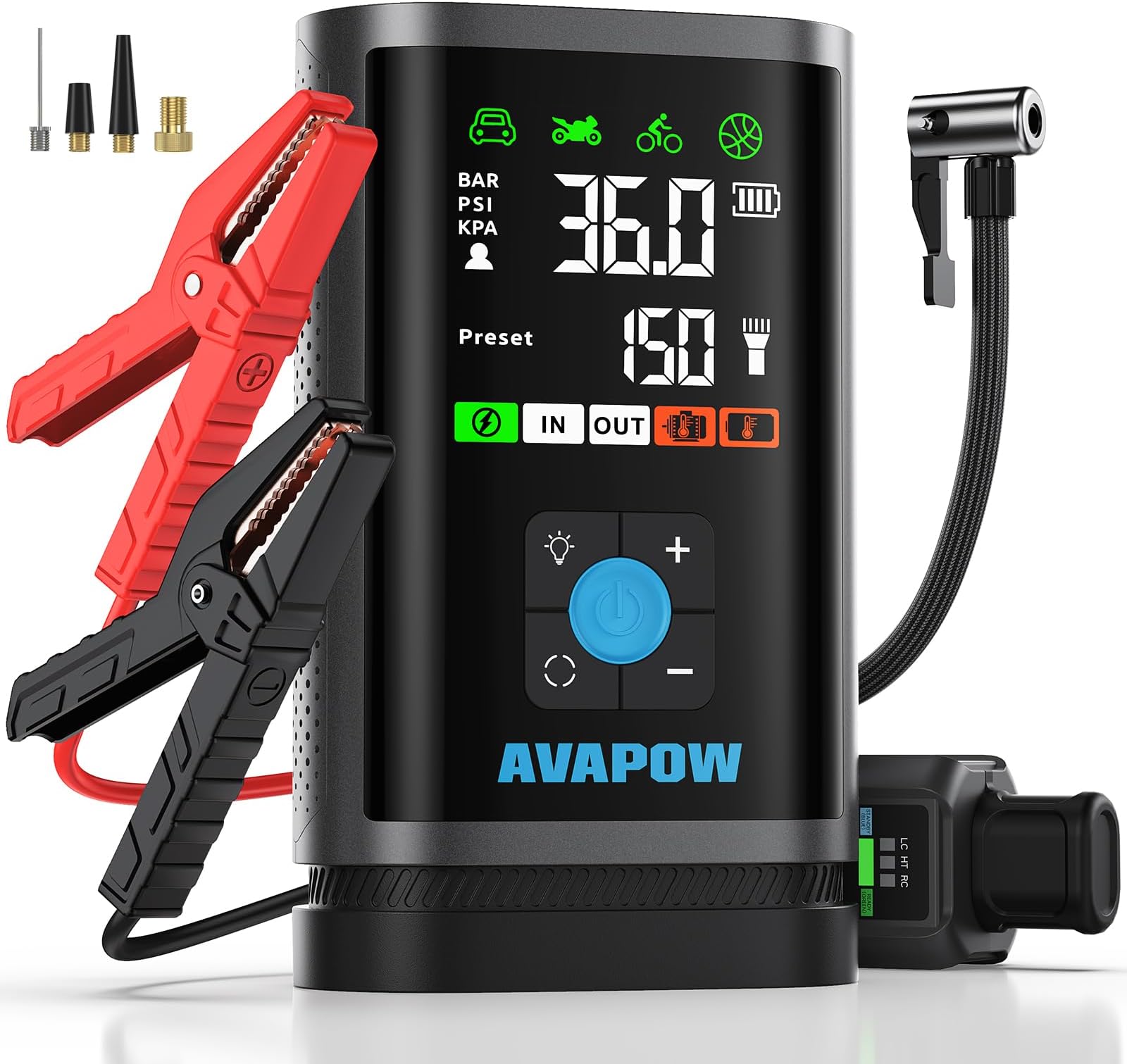 Avapow JP3 16000 mAh 3000 A Portable Jump Starter with Forced Function & Tyre Inflator Pump (Power Bank PD30W + LCD + LED Light)