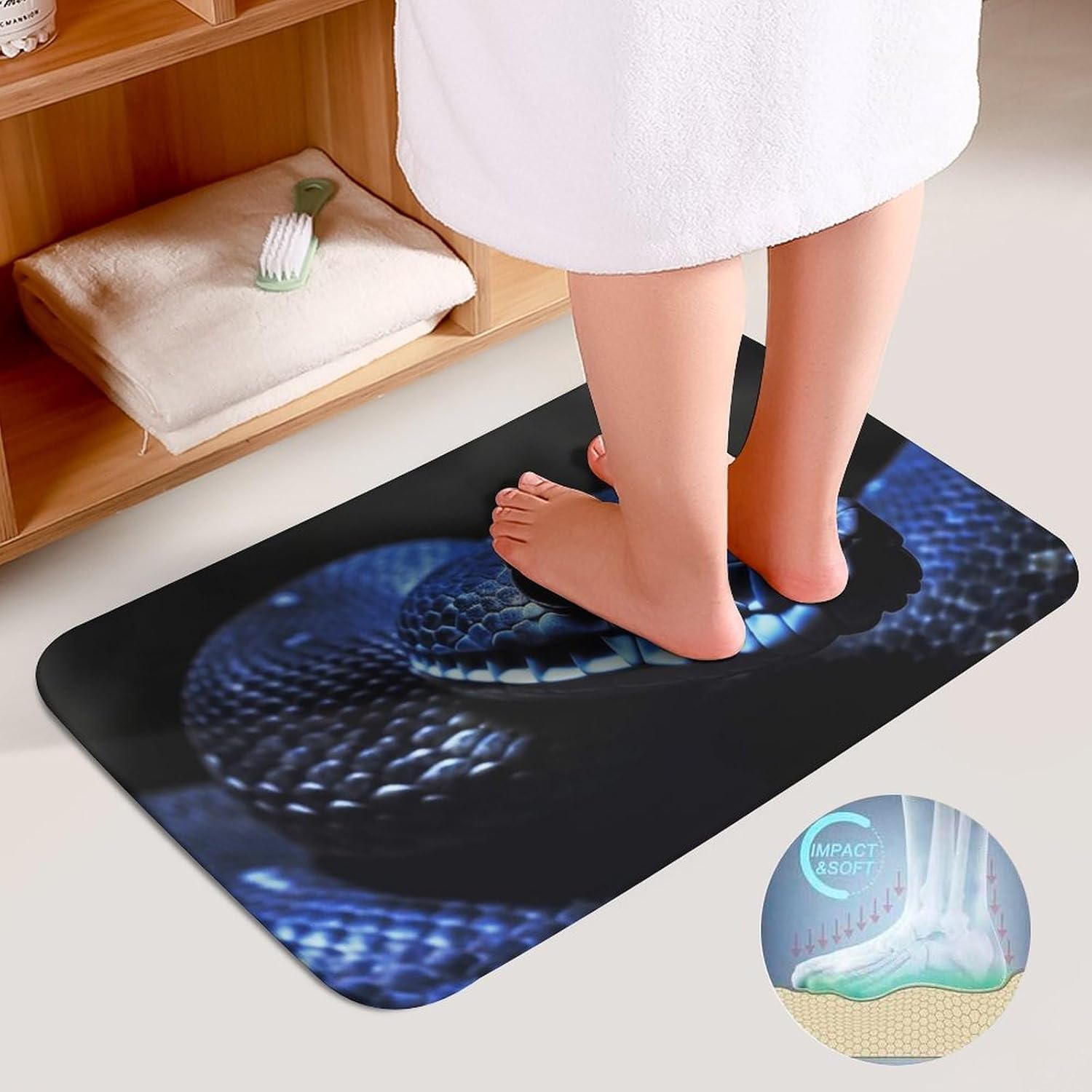 Anti-Skid Floor Mats 3 Piece Set,Blue Snake Printed Coral Fleece Bathroom Mats U-Shaped Contour Mat Toilet Seat Cover for Bathroom, Tub, Shower, Kitchen 19.7"x31.5"