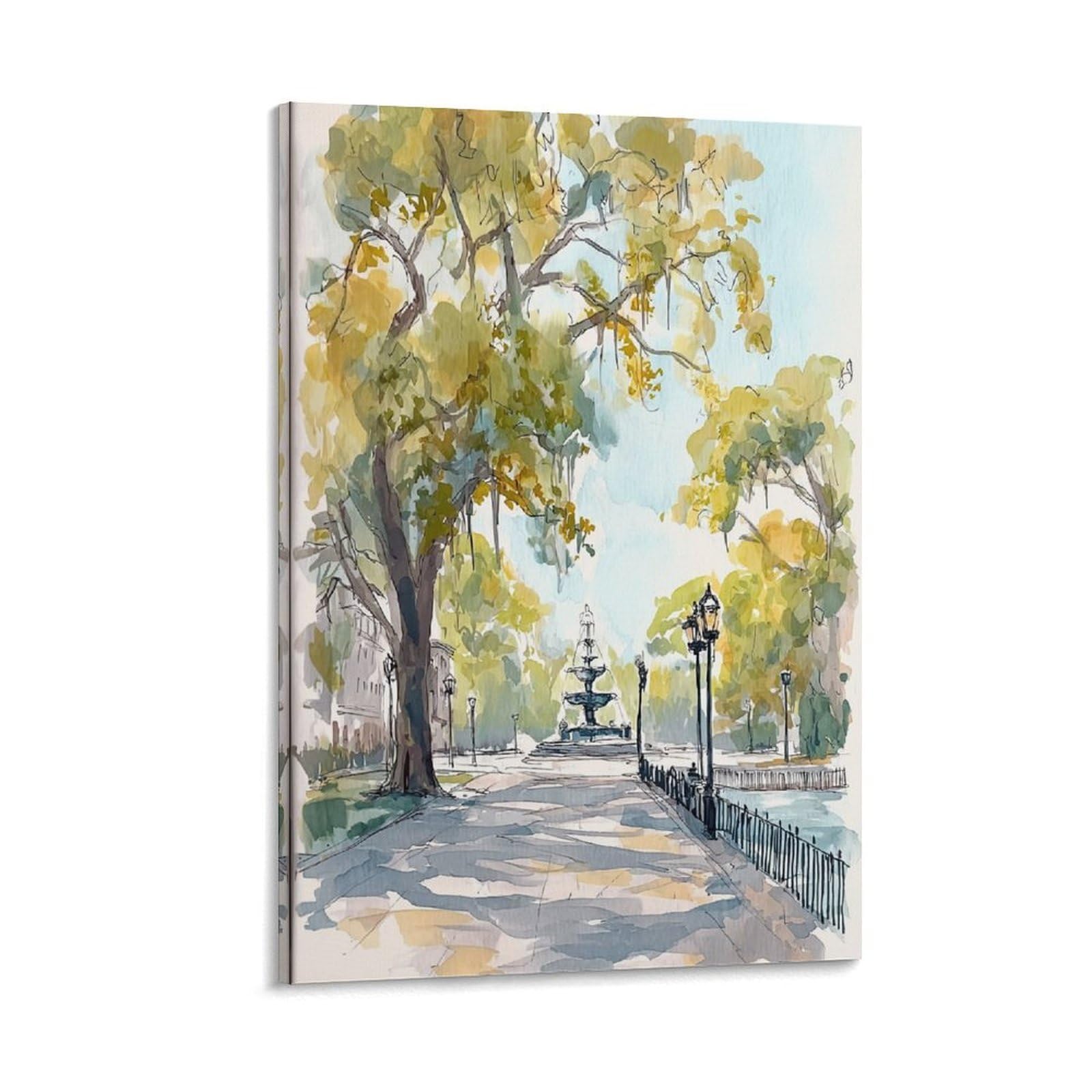 LCYNNH Savannah Forsyth Park 20x30inch(50x75cm) Vintage Travel Poster Watercolor Canvas Art