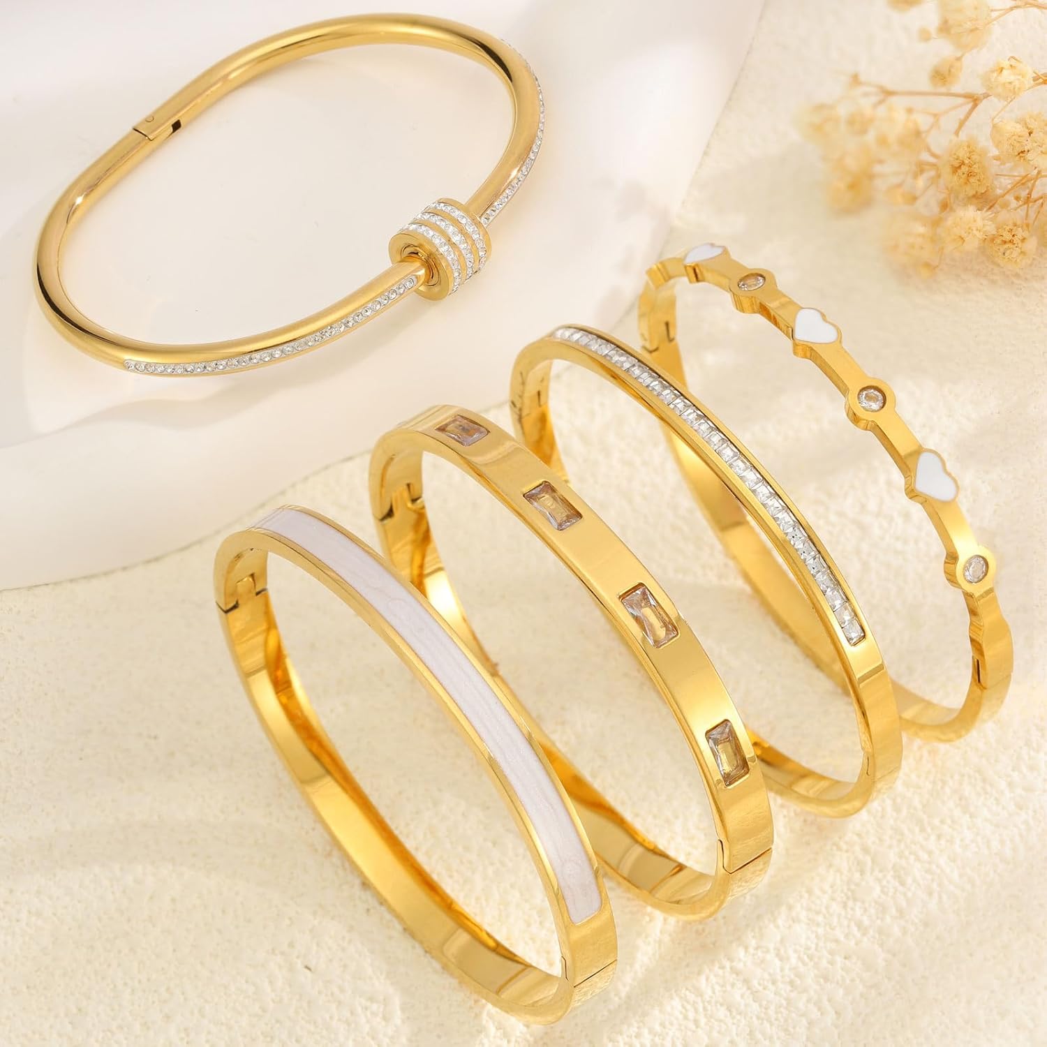 Pink Heart Bangle Bracelets for Women - 18K Gold Plated Stackable Stainless Steel, Friendship & Love Jewelry Gift for Her - Image 9