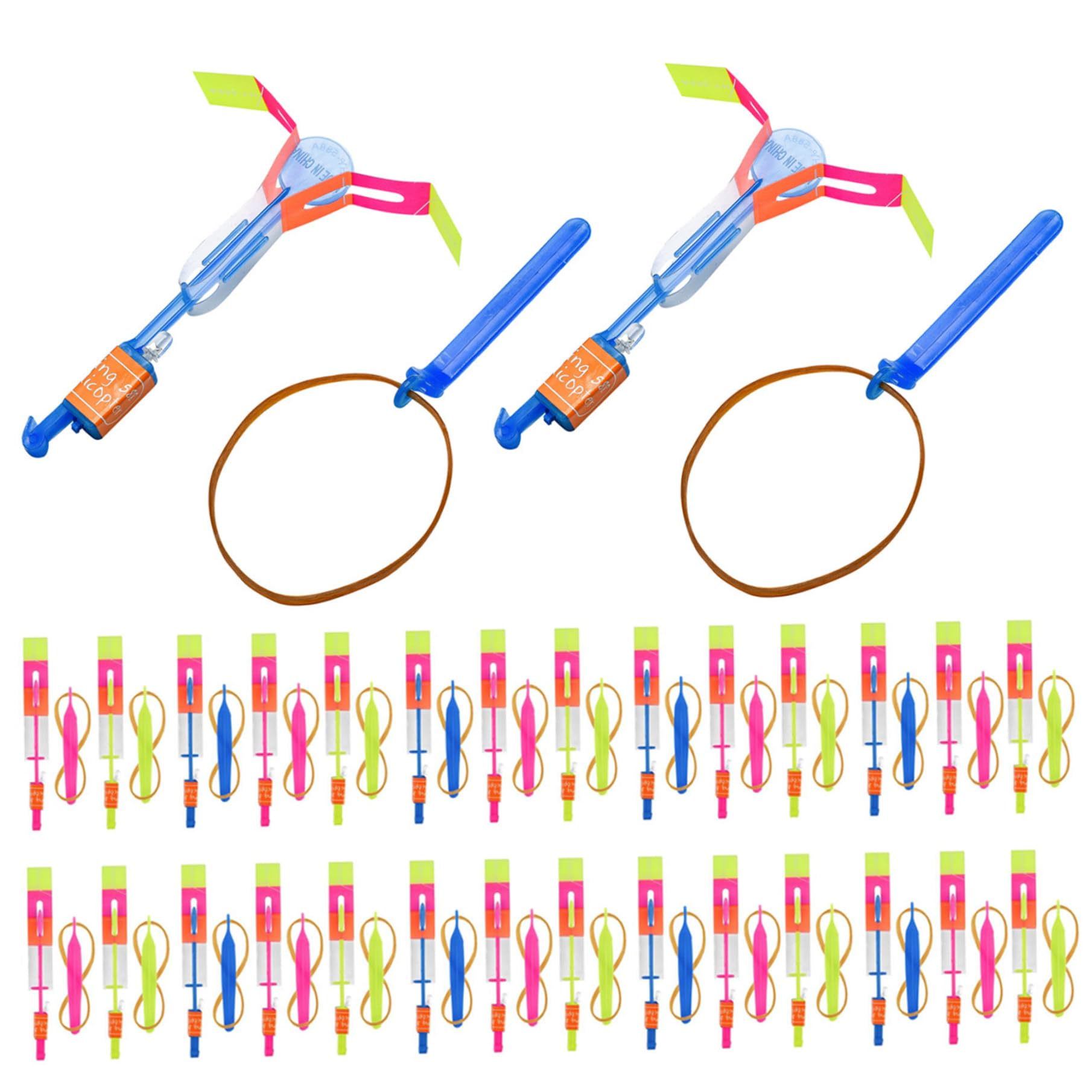 Licsaliwe Spin Copter LED Flying Toy 50PCS with Slingshots & Arrows – Funny Glow Toys Easy to Use Summer Outdoor Games Slingshot Flyer for Children's Day Party