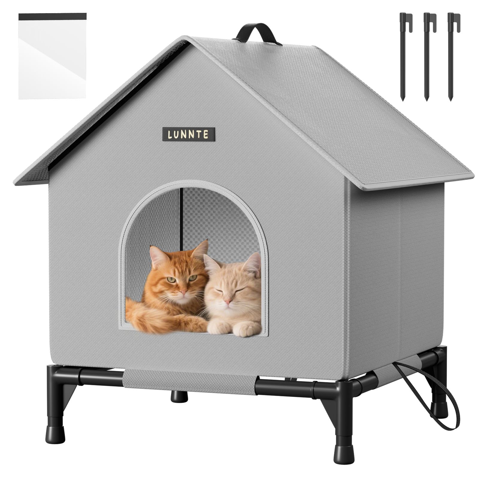 Outdoor Katzenhaus mit Erhöhten Design, Wasserdicht Katzenhaus für Draußen, Warm Hundehöhle mit Türvorhang, Waschbar Hundehaus Tierheim Für Streuner Haustiere (XL, Grau)