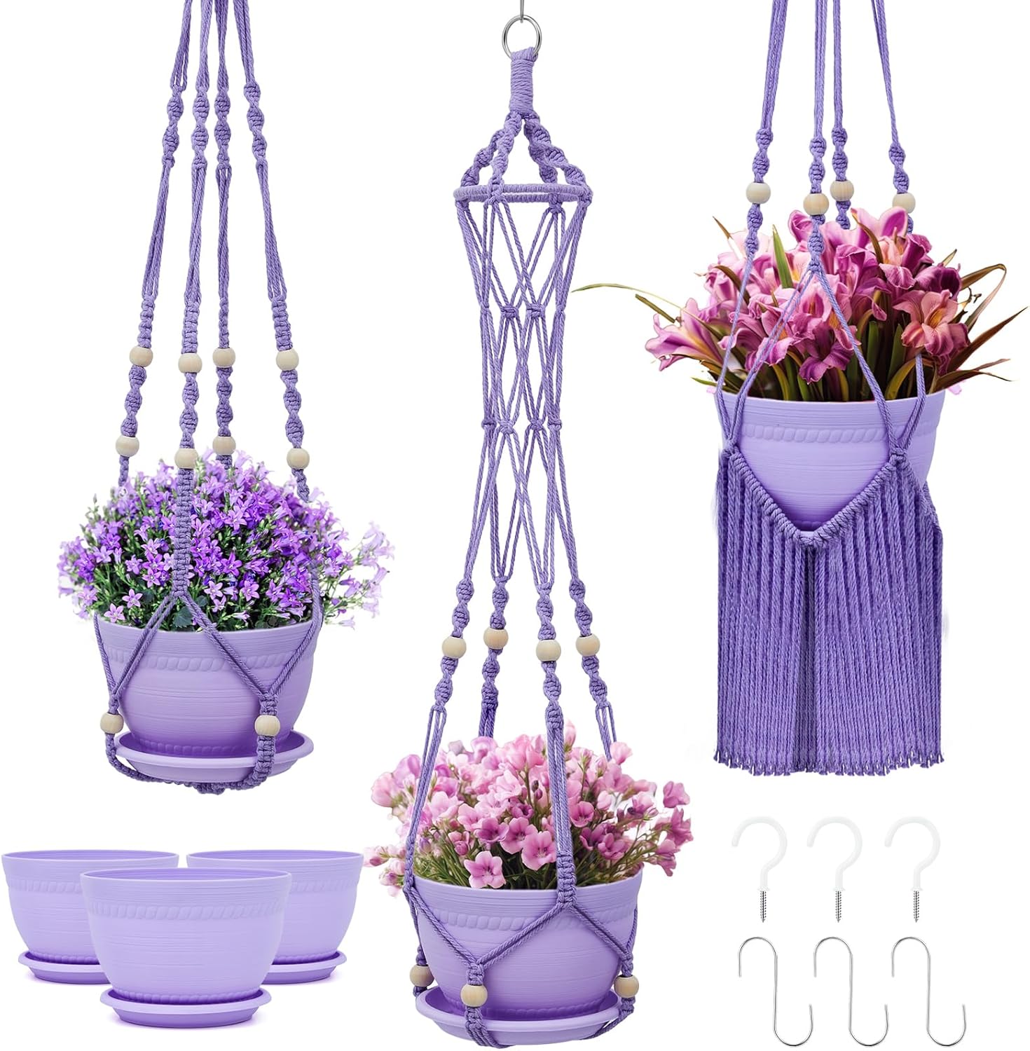 Hushee 3 Pack Crochet Macrame Plant Hanger Hanging Planters for Indoor Plants with Trays and Hooks Hanging Plant Holder Pot with Drainage Hole Boho Plant Hanger for Outdoor Flower Gardening Gift Decor