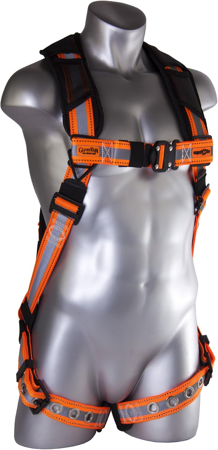 Guardian 21056 Cyclone Harness with Sewn-On Silver Reflective Webbing, Quick Connect Chest and Tongue Buckle Legs, Small, Black/Orange