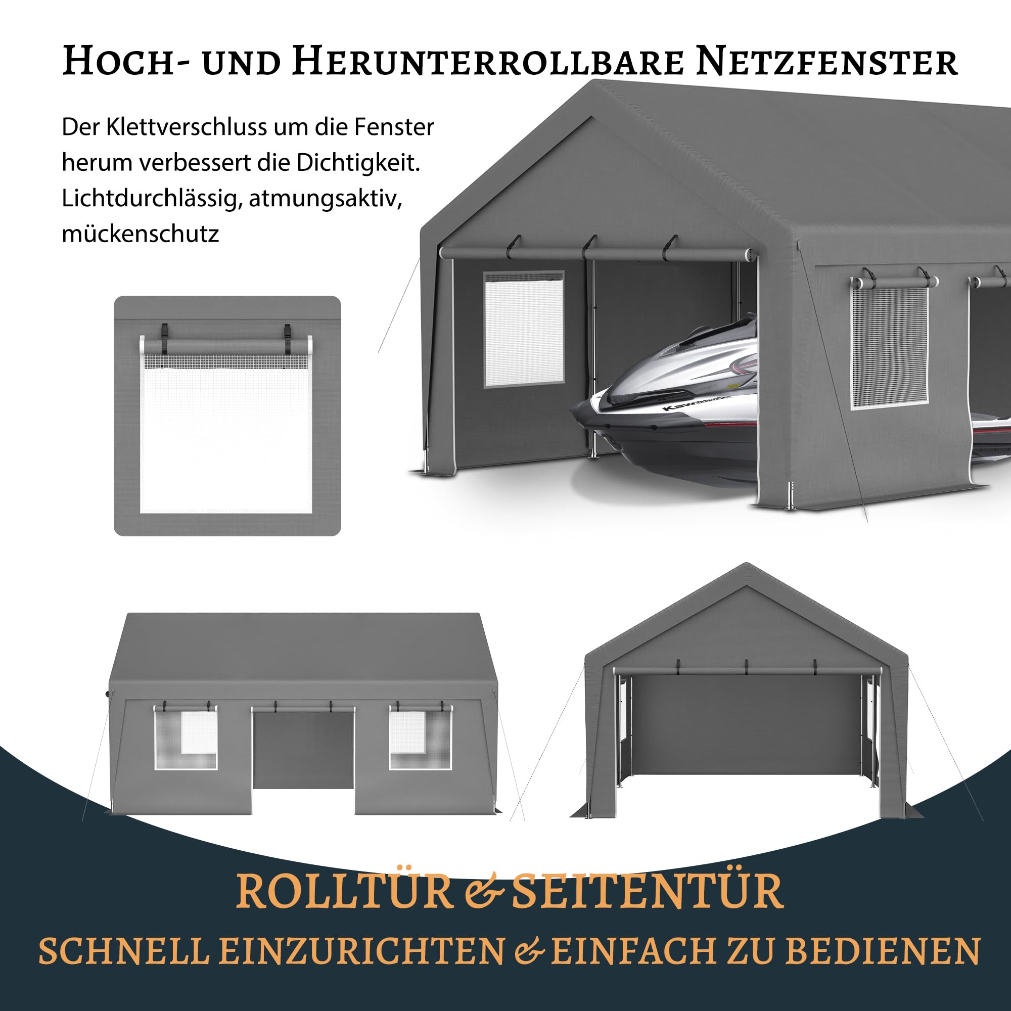 Altwetter-Garagenzelt 6x4x3 m, grau, mit Wasserdichten Seitenwänden, aufrollbaren Fenstertüren, UV-Schutz, für Auto, Gartenlagerung – inkl. Fenster
