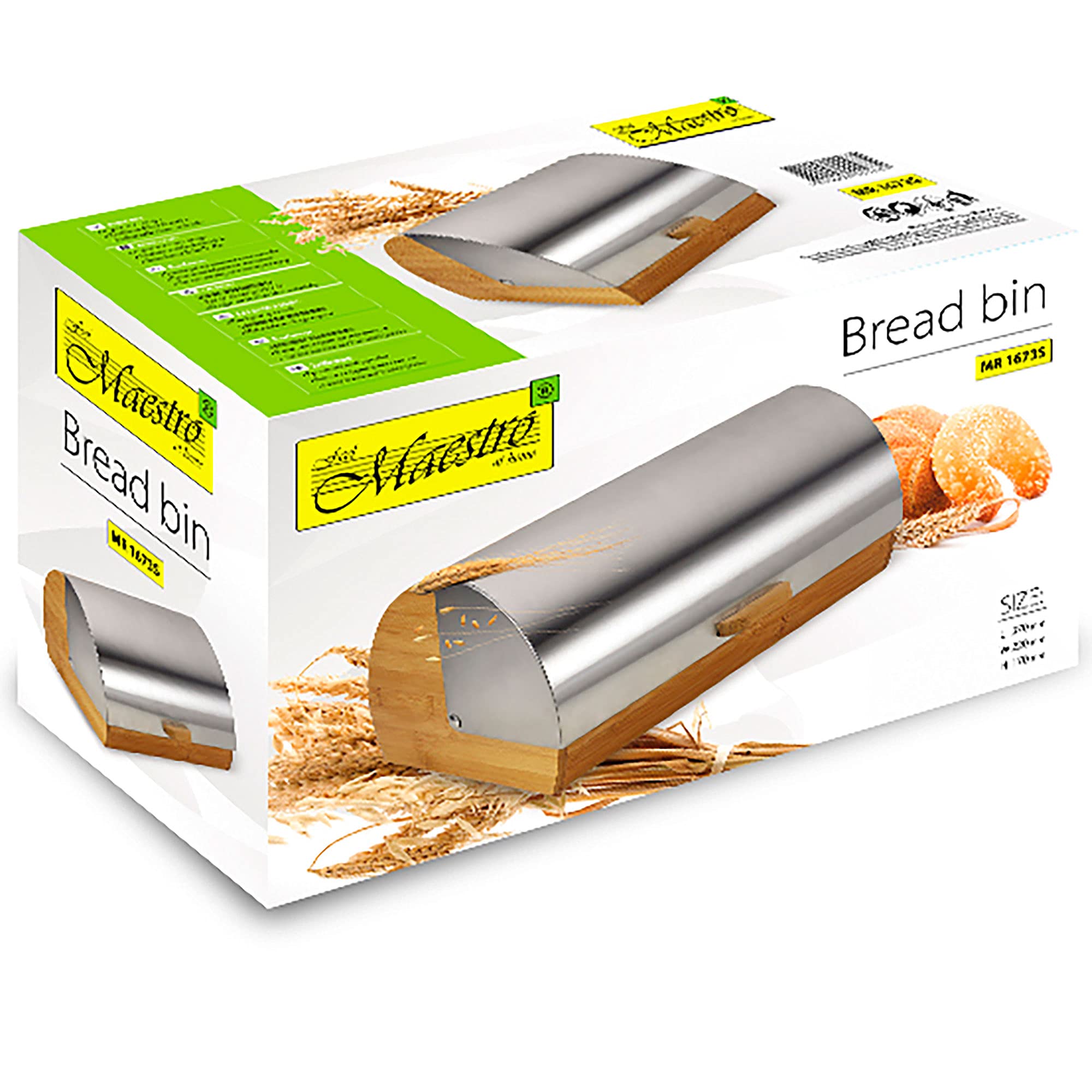 Maestro MR-1673S Boîte à Pain Élégante En Acier Inoxydable Et Bois - Couvercle Coulissant