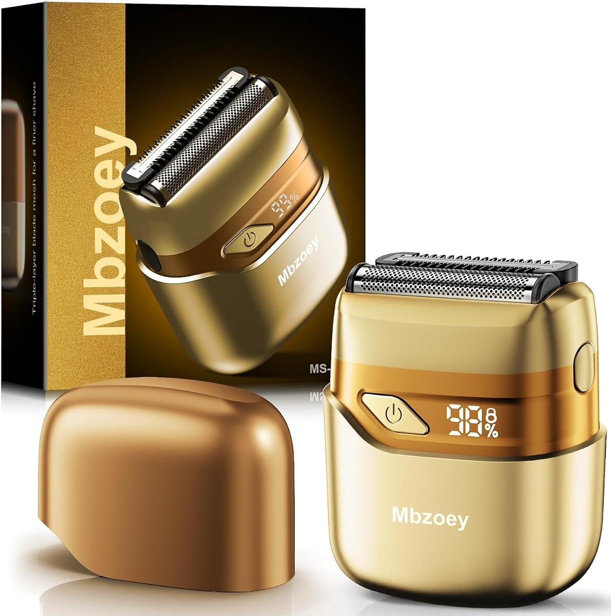 Afeitadoras eléctricas de láminas Mbzoey para hombres: IPX7 resistente al agua - Oro claro | Mini maquinilla de afeitar para viajes: afeitadora facial con pantalla LED y carga rápida USB-C - Tecnología de micropeine y cuchillas de precisión