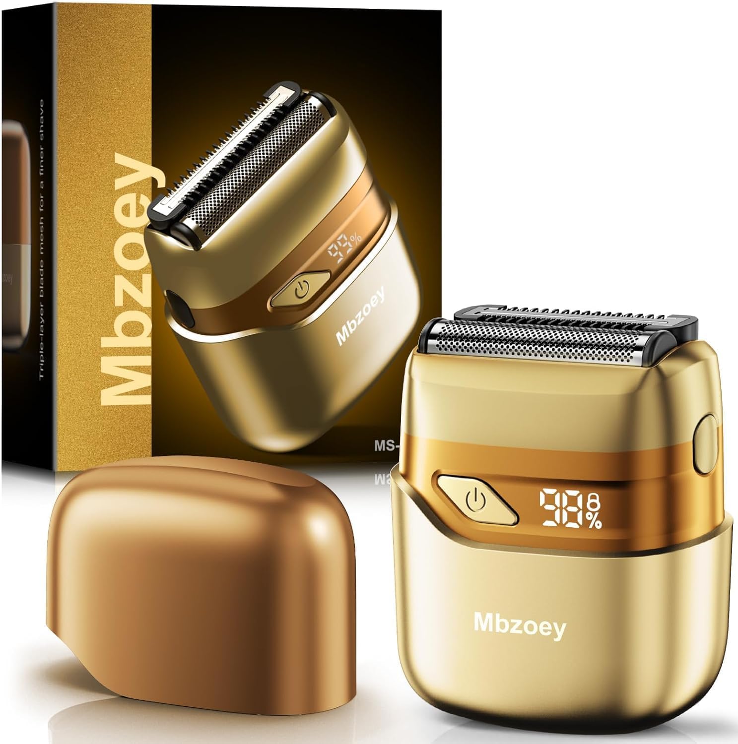 Electric Foil Shavers for Men, Mini Electric Razor, IPX7 Waterproof Wet Dry Cordless Razor, LED Display, Travel-Friendly, Gold