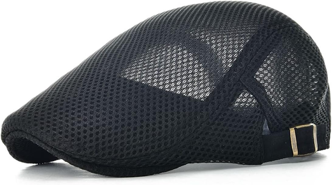 VOBOOM Men Breathable mesh Summer hat Adjustable Newsboy Beret Ivy Cap Cabbie Flat Cap MZ124 (Black)