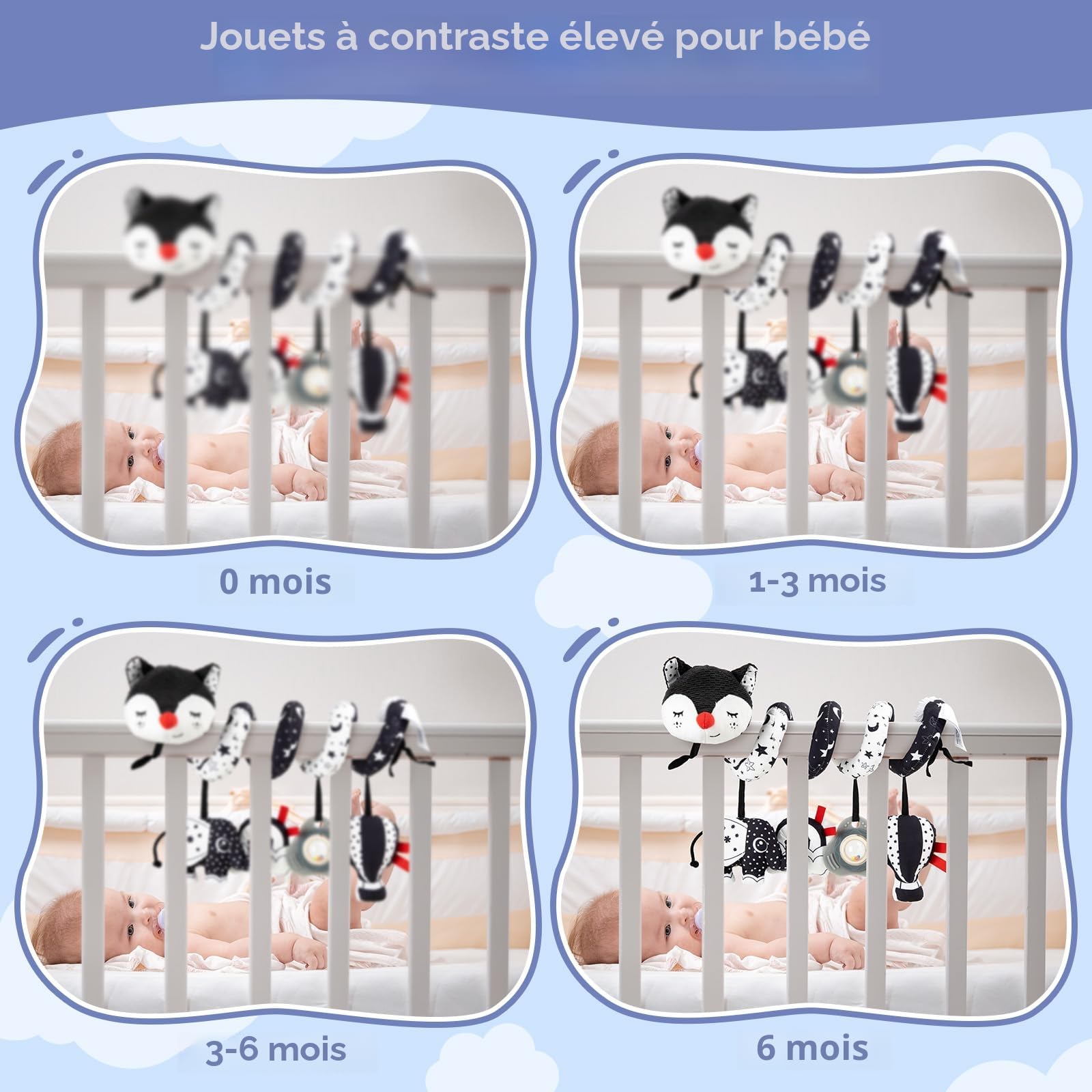 Jouets pour Poussettes, Jouet en Peluche Spirale D'activité Bébé avec Musique, Jouet Eveil Bebe, Jouets Berceau Landau pour Garçons et Filles, Jouet Bebe Naissance Cadeaux 3 6 12 Mois, Noir