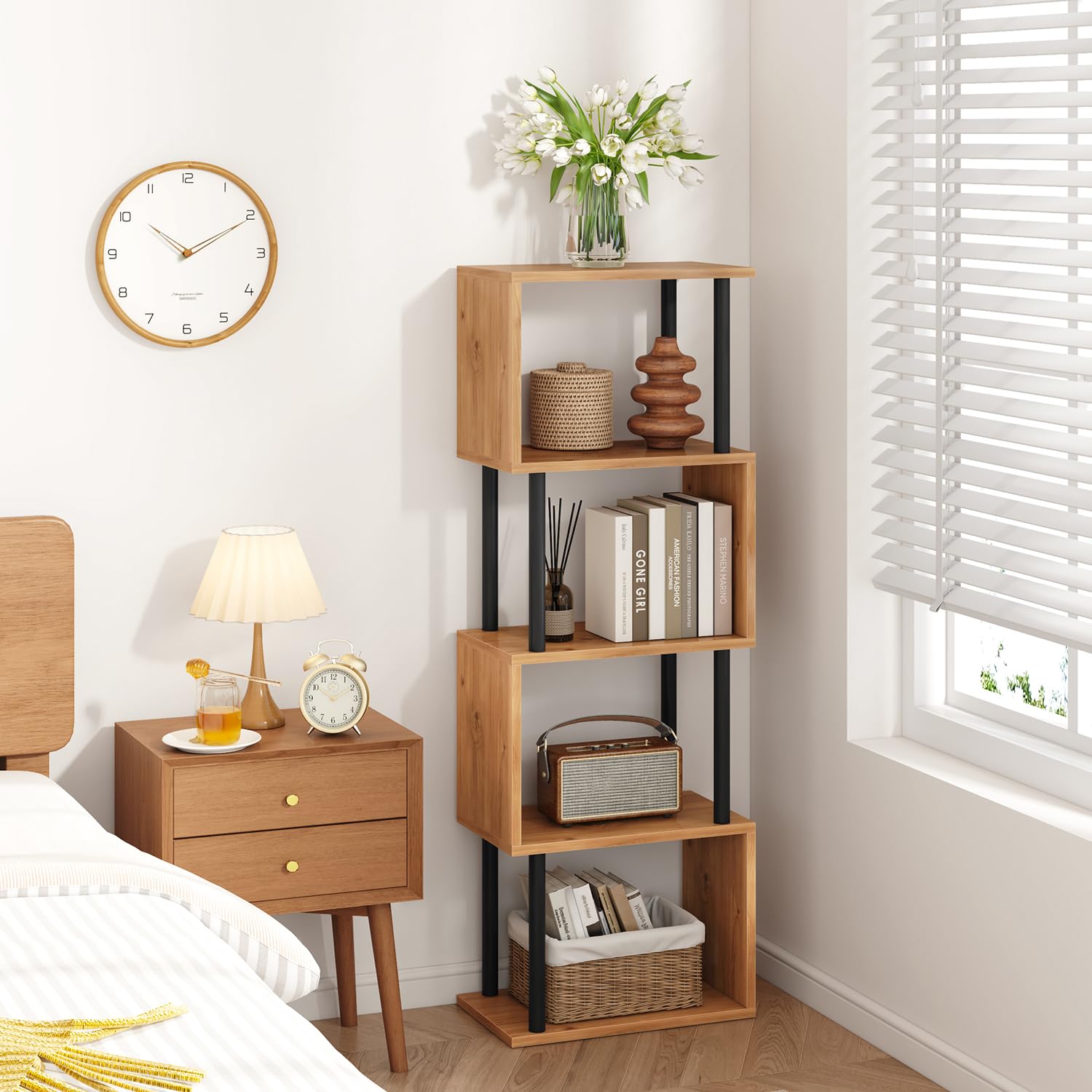 IBUYKE Bibliothèque en Forme de S, Étagère à Livres à 5 Niveaux,Meuble de Rangement,bibliothèque Moderne pour Salon, Chambre à Coucher, Bureau à Domicile,Chêne WBC015K