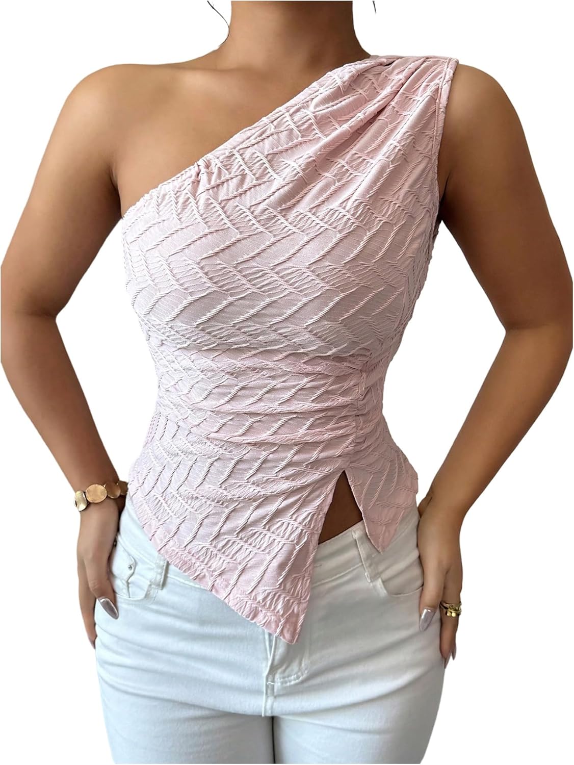 Floerns Women's Ruched One Shoulder Tank Top Sleeveless Split Hanky Hem Going Out Outfit