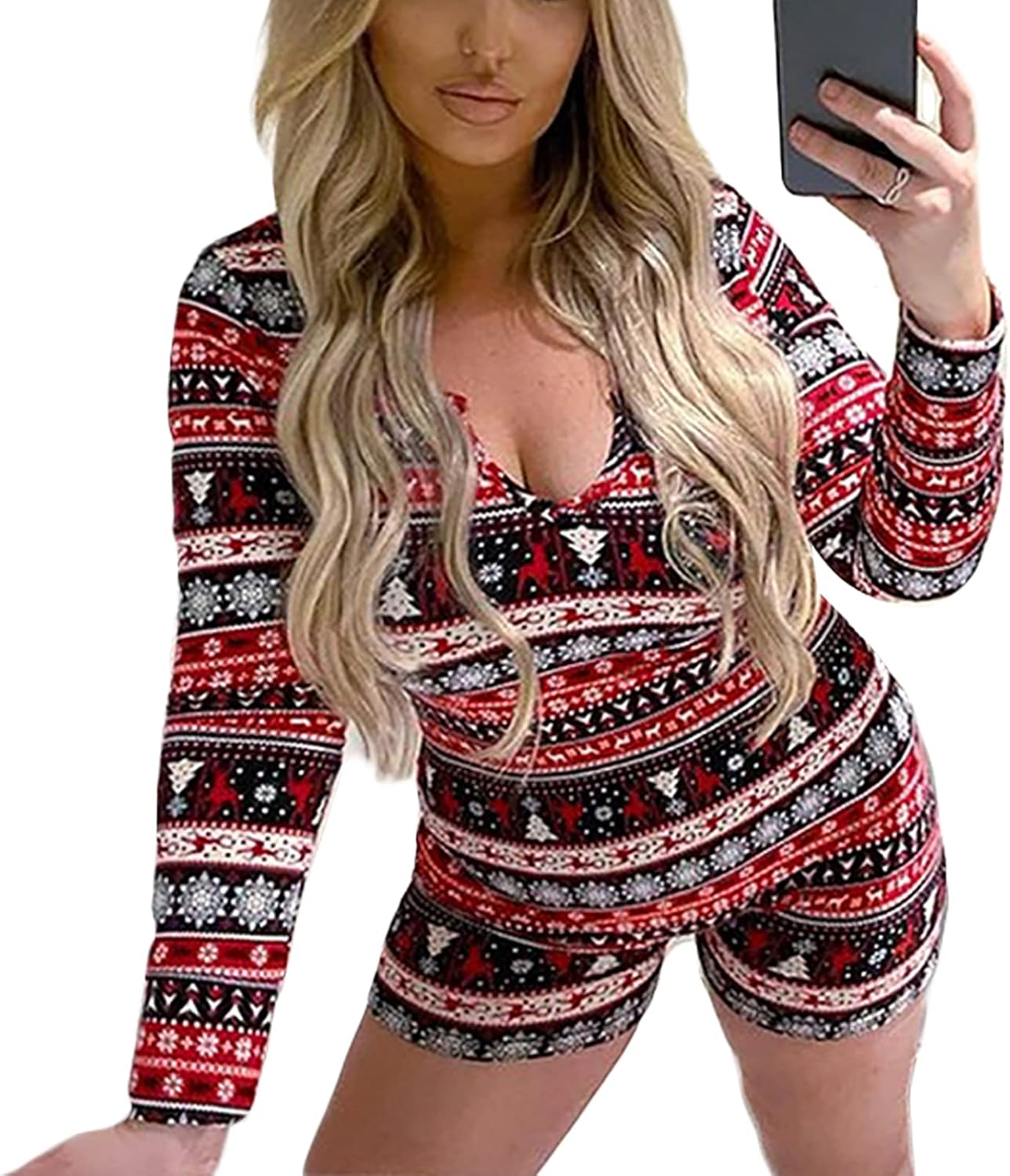 Piacakece Women Christmas Pajamas One Piece Bodycon Romper Shorts V-neck Long Sleeve Jumpsuit Pjs Playsuit - Image 4