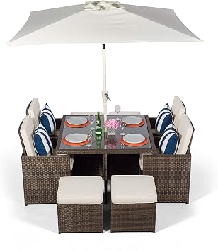 Giardino Rattan Cube Garden Dining Set Outdoor Furniture Patio Table & Chairs with 4 Stools, Parasol & Cover, 120 x 120 cm, 4-8 Seater, Brown