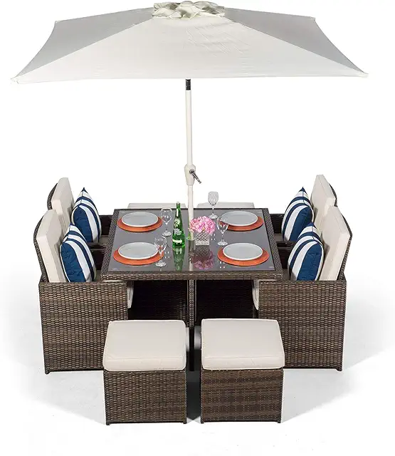 Brown Rattan Cube 4-8 Seater Outdoor Dining Set with Parasol & Cover
