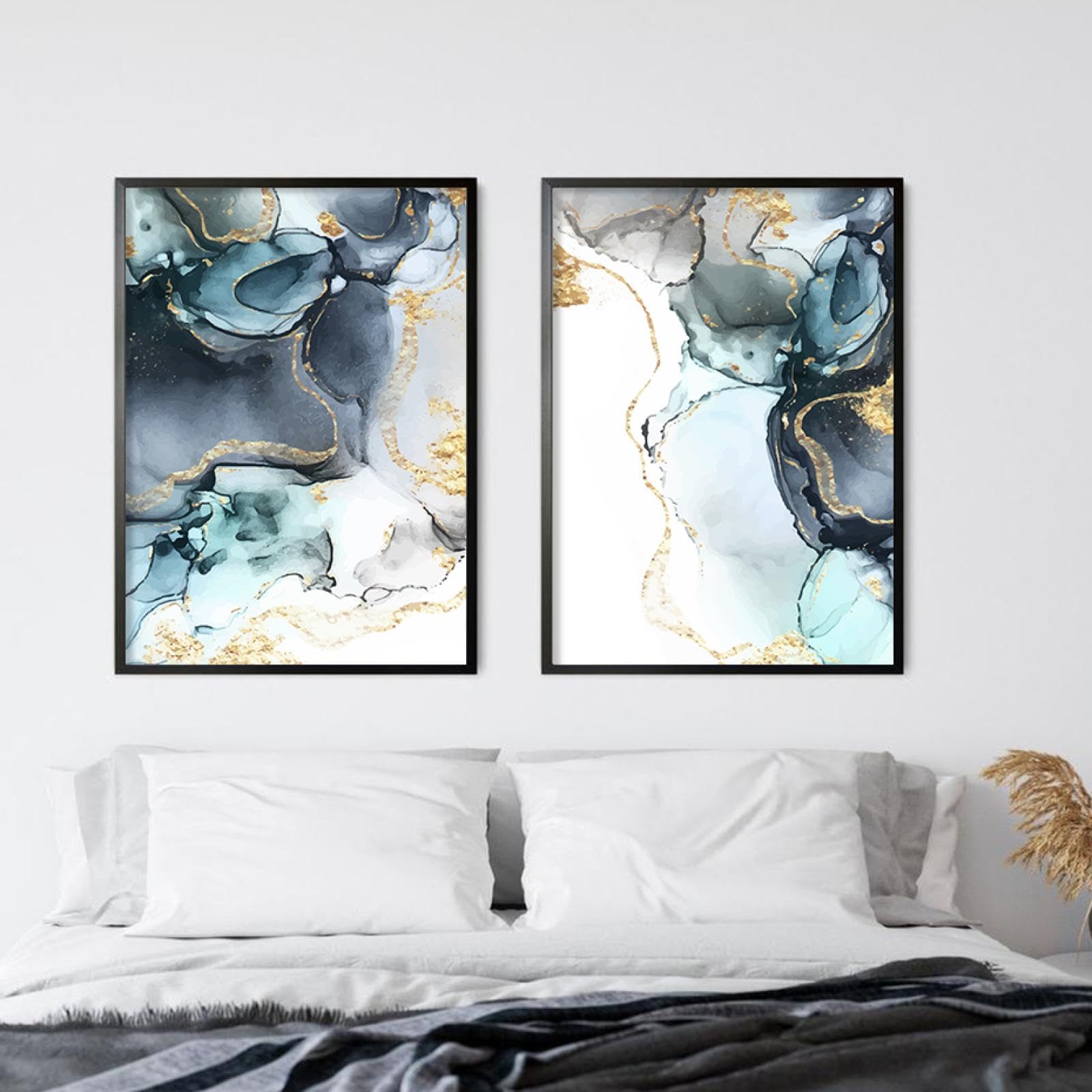 KEBIA Azul Negro Tinta Dorada Galería Abstracta Pósteres Arte de la Pared Pintura en Lienzo Impresiones Imágenes para Sala de Estar Dormitorio Hogar Decoración de Pared 70x100cmx3 Sin Marco