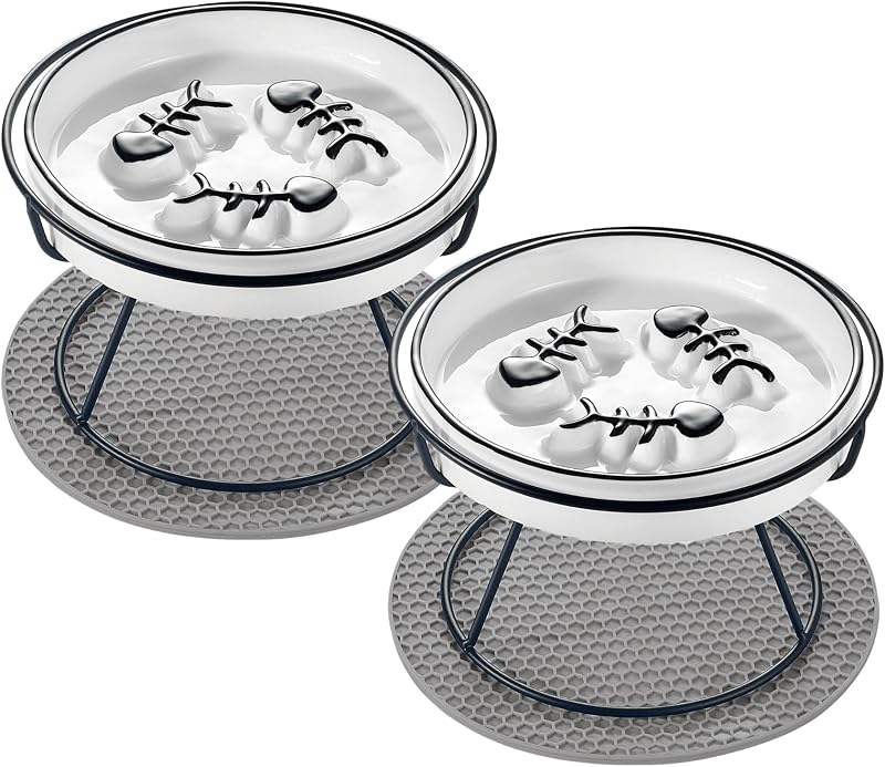 Comedouro lento elevado para gatos em cerâmica com suporte metálico TRUNDISAN, preto, pacote com 2
