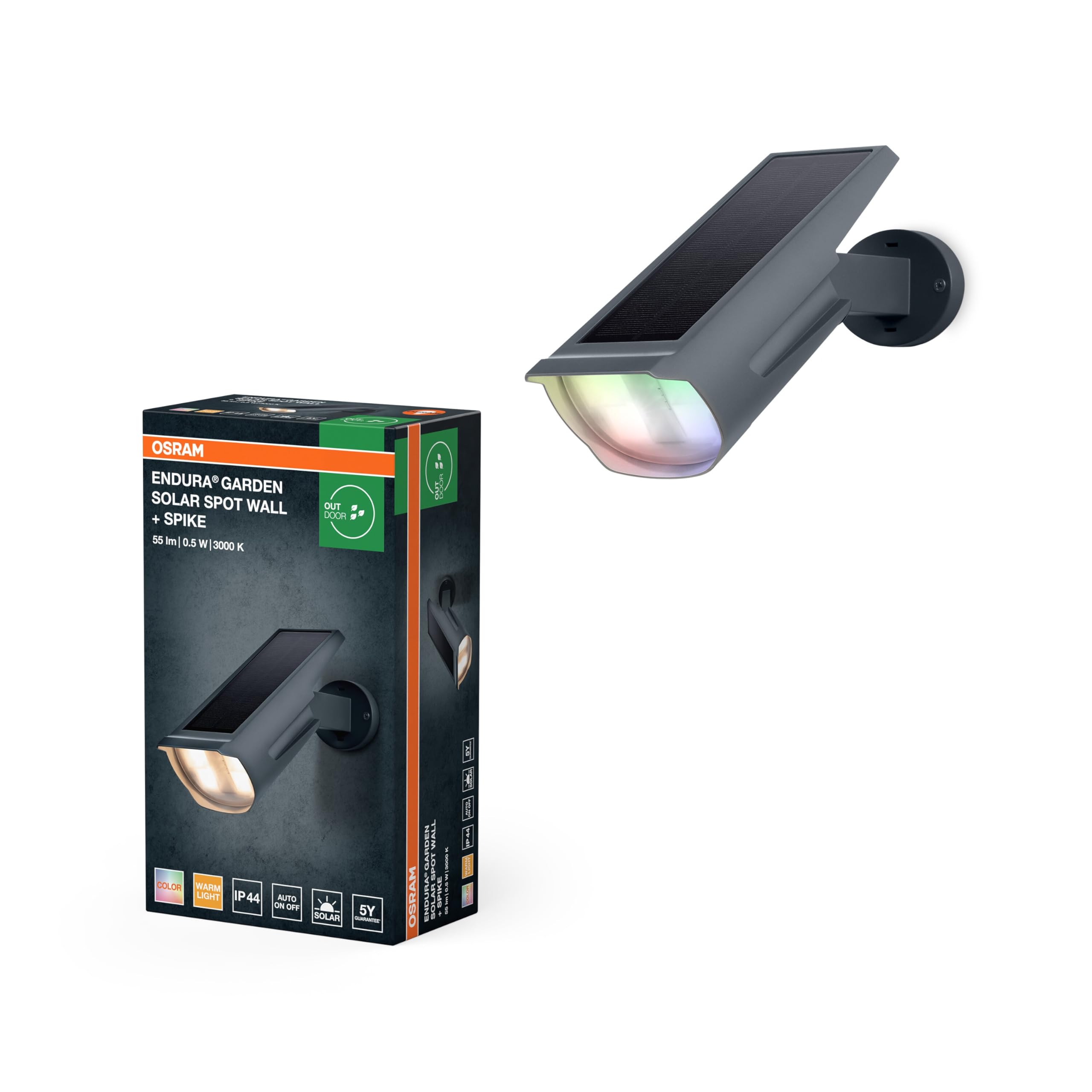 OSRAM Solar Spot RGB e bianco caldo con picchetto da terra e montaggio a parete, sensore di luce diurna, protezione IP44, faretto ad energia solare per giardino e patio