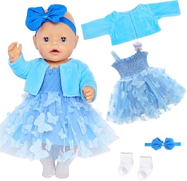 Baby Doll Clothes for 14-18 Inch Baby Dolls, 5 Pcs Sweet Doll Clothes 30-45 CM with Blue Jacket Tulle Skirt Hair Band Socks Bow Clip, Baby Doll Accessories for Kids Birthday Present