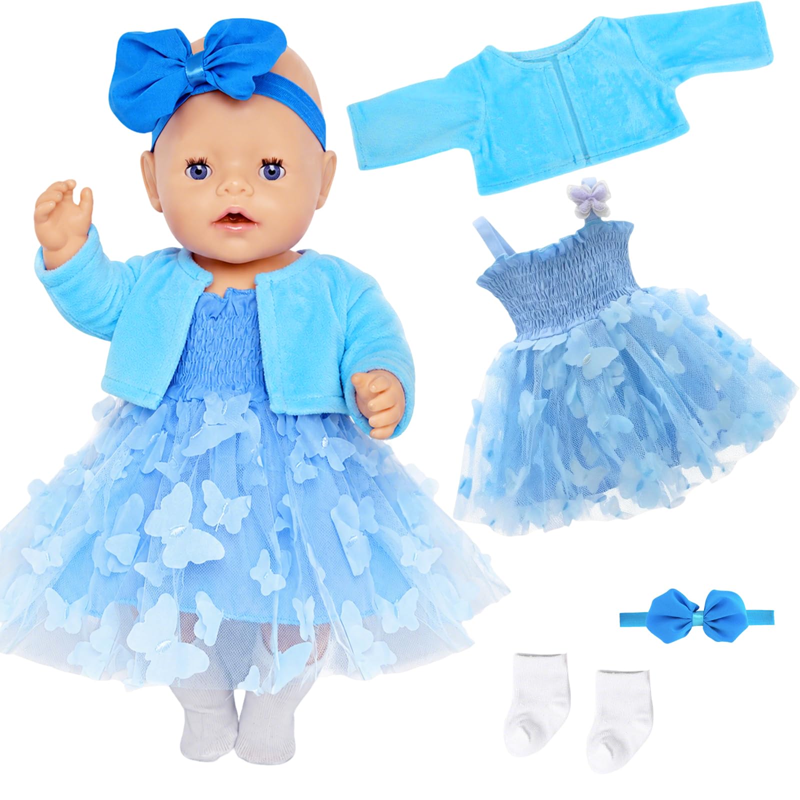 Baby Doll Clothes for 14-18 Inch Baby Dolls, 5 Pcs Sweet Doll Clothes 30-45 CM with Blue Jacket Tulle Skirt Hair Band Socks Bow Clip, Baby Doll Accessories for Kids Birthday Present