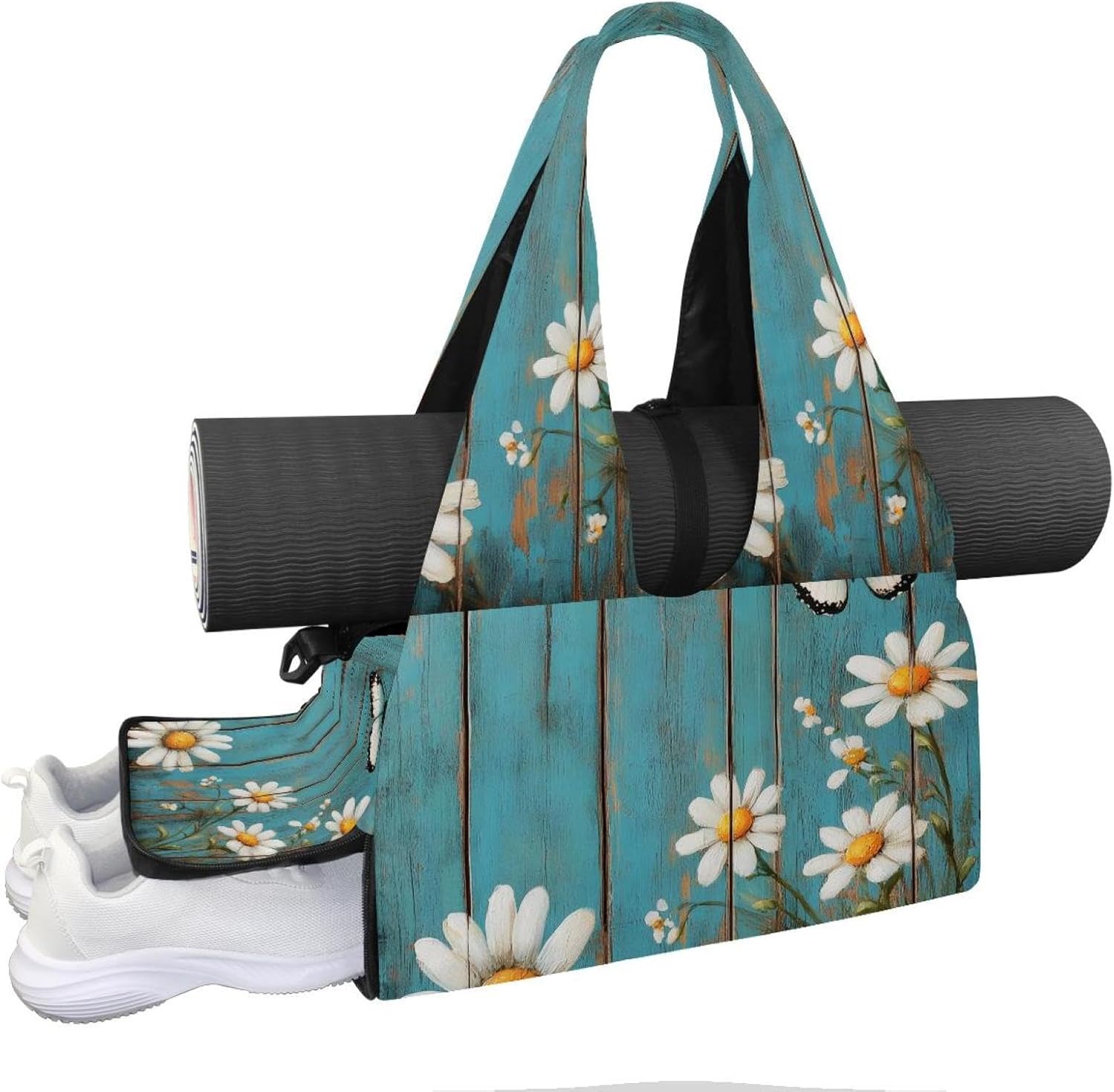 Gym Bag for Women, Vintage Sunflower Yoga Mat Bag with Shoe Compartment, Sport Yoga Gym Bag with Yoga Strap, Carryall Yoga Tote Bag