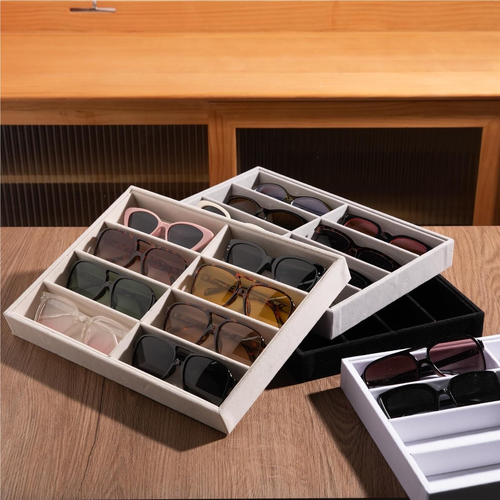 Organizer na Okulary Przeciwsłoneczne Organizer Na Okulary Z Aksamitu, 8 Przegródek, Tacka Przeciwsłoneczne, Pudełko idealny prezent(Grey,No lid)