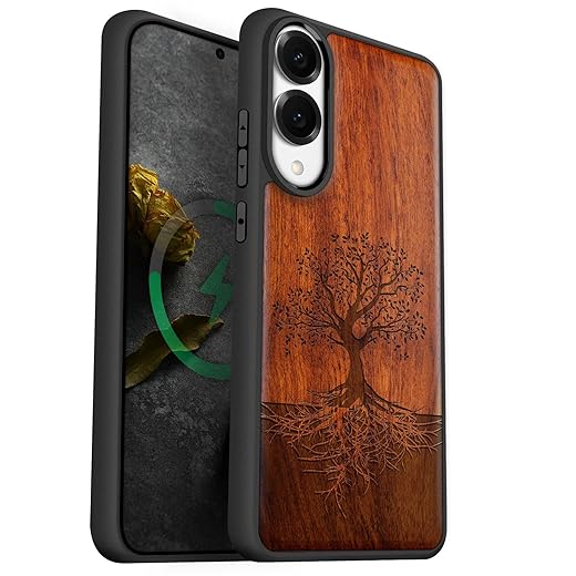 Carveit Magnetic Wooden Case for Samsung Galaxy S25 Edge Case 2025, TPU Shockproof Cover & Wood Artisan Engraved, Compatible with MagSafe Wireless Chargers (The Yin Yang Tree) Rosy